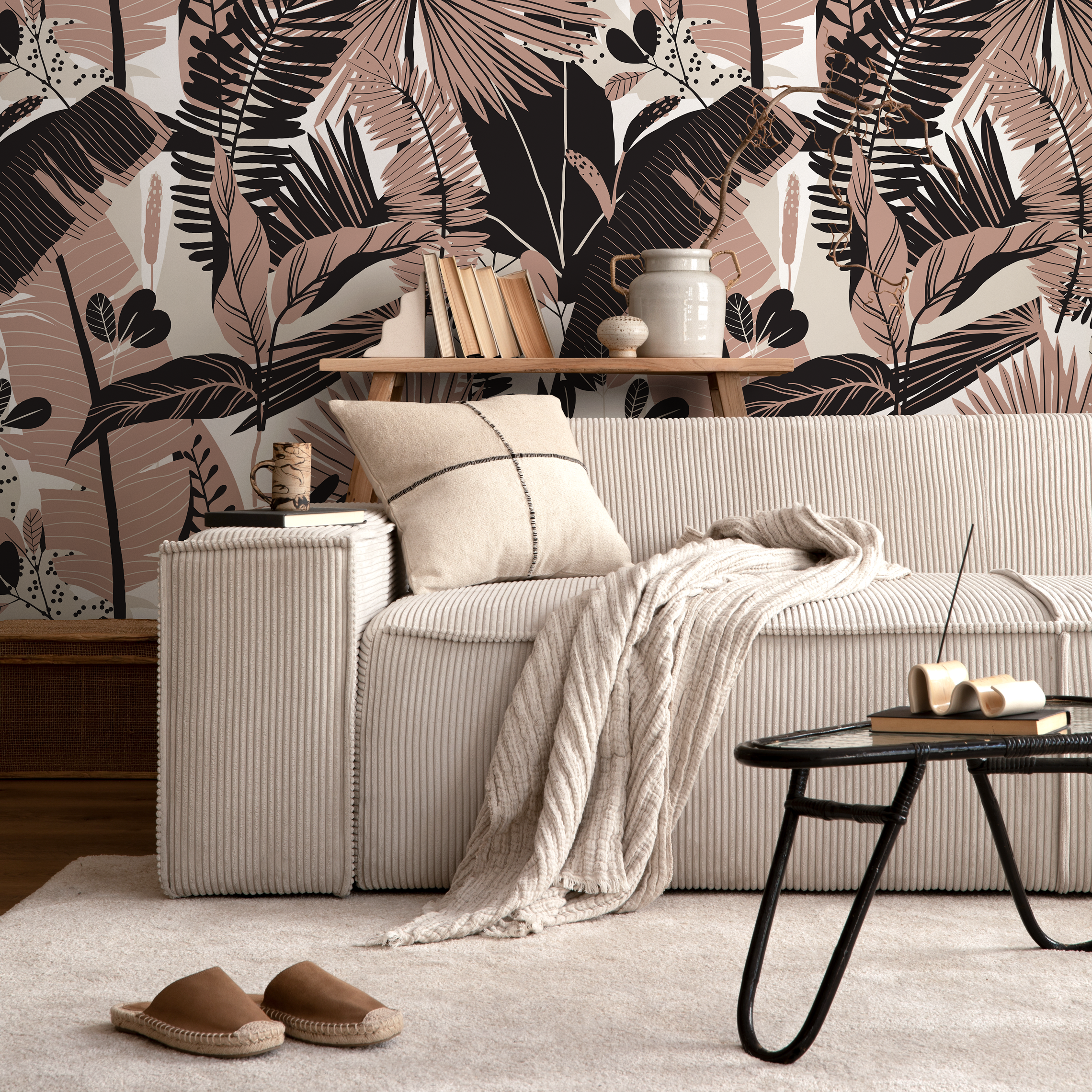 Botanical Wallpaper Featuring Modern Jungle Leaves In Pink And Black - C166