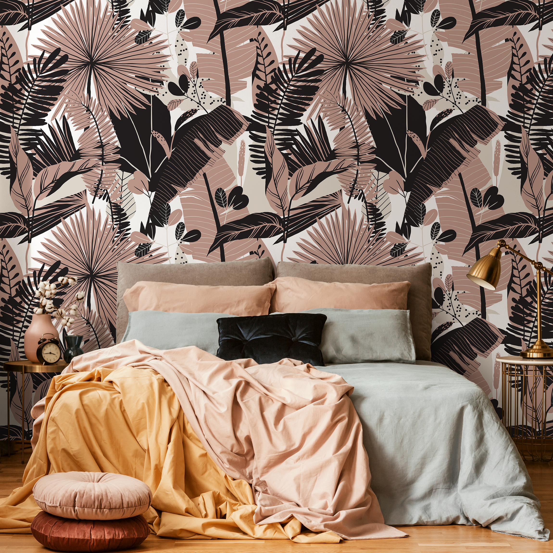 Botanical Wallpaper Featuring Modern Jungle Leaves In Pink And Black - C166