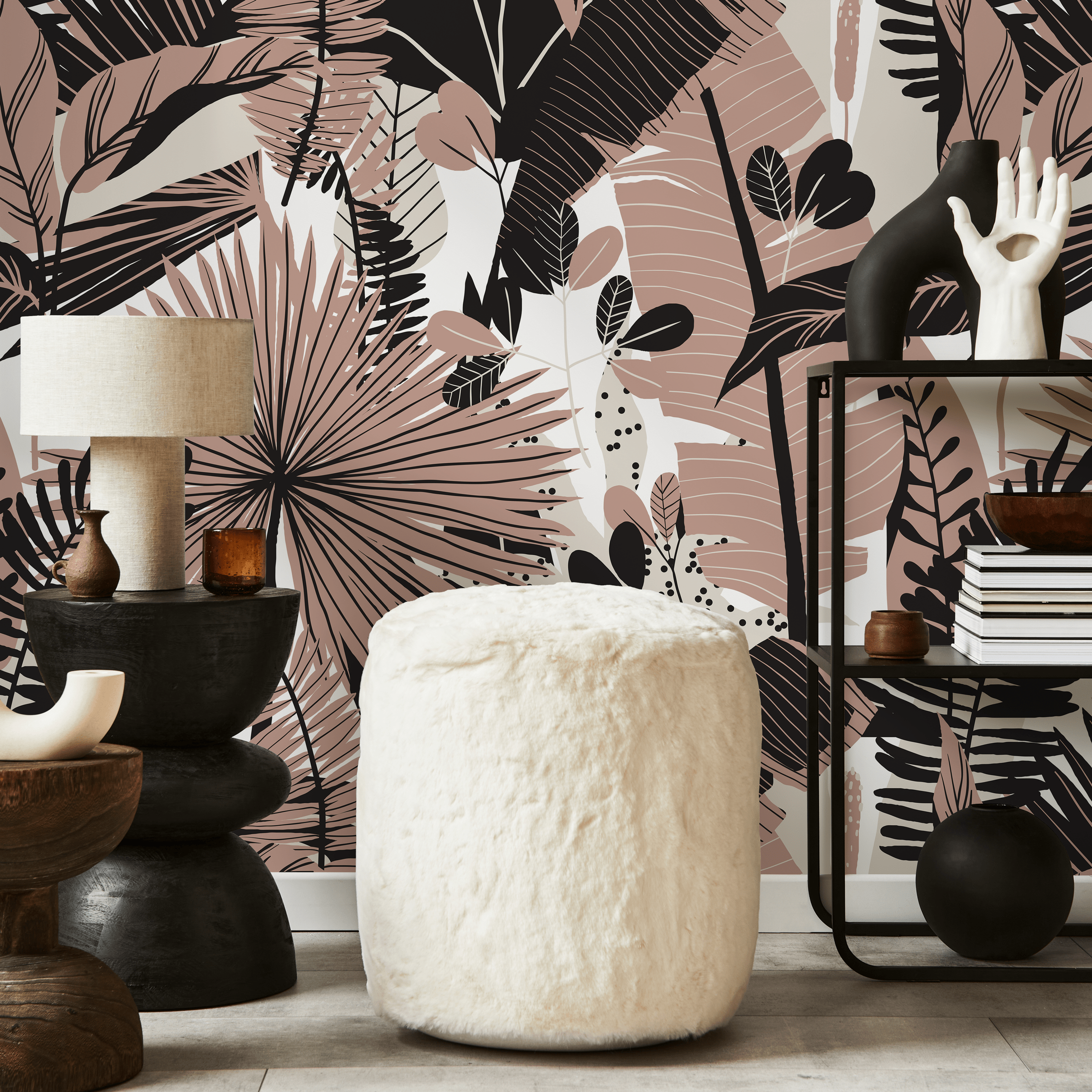 Botanical Wallpaper Featuring Modern Jungle Leaves In Pink And Black - C166
