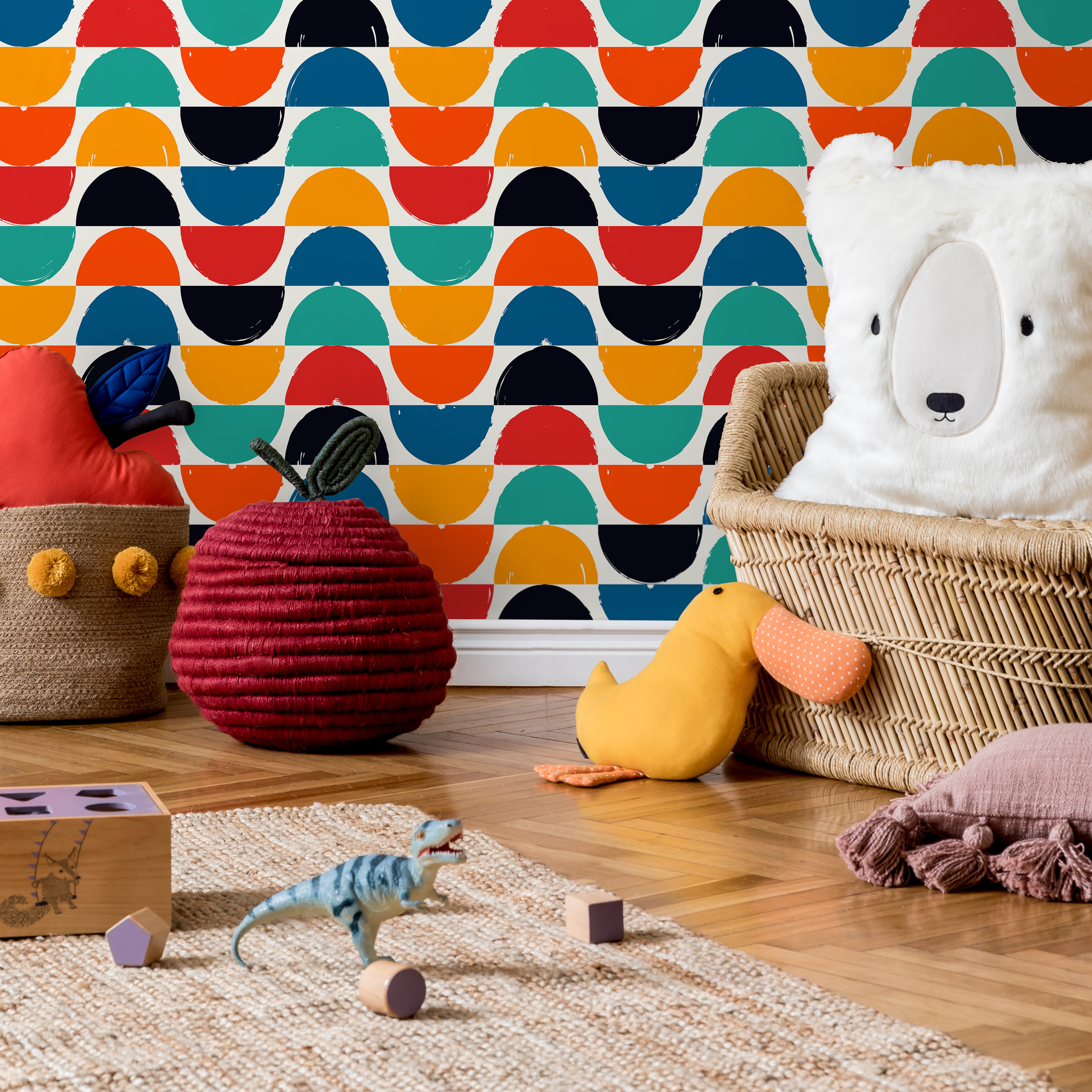 Geometric Wallpaper Featuring Colorful Half-moon Shapes In Red, Orange, And Blue - C167