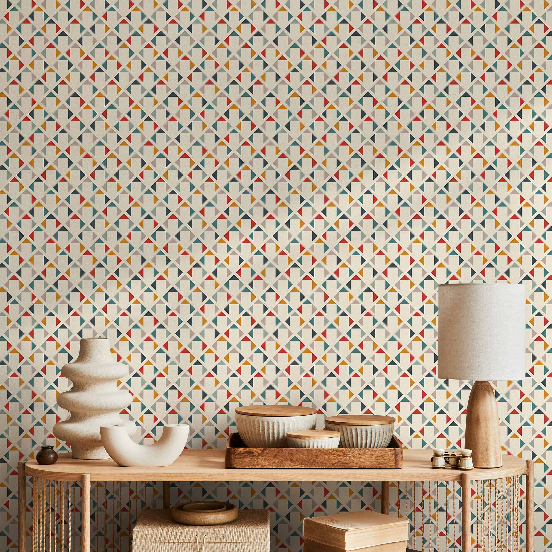Geometric Wallpaper With A Colorful Triangle Grid In Red, Blue, And Yellow - C169