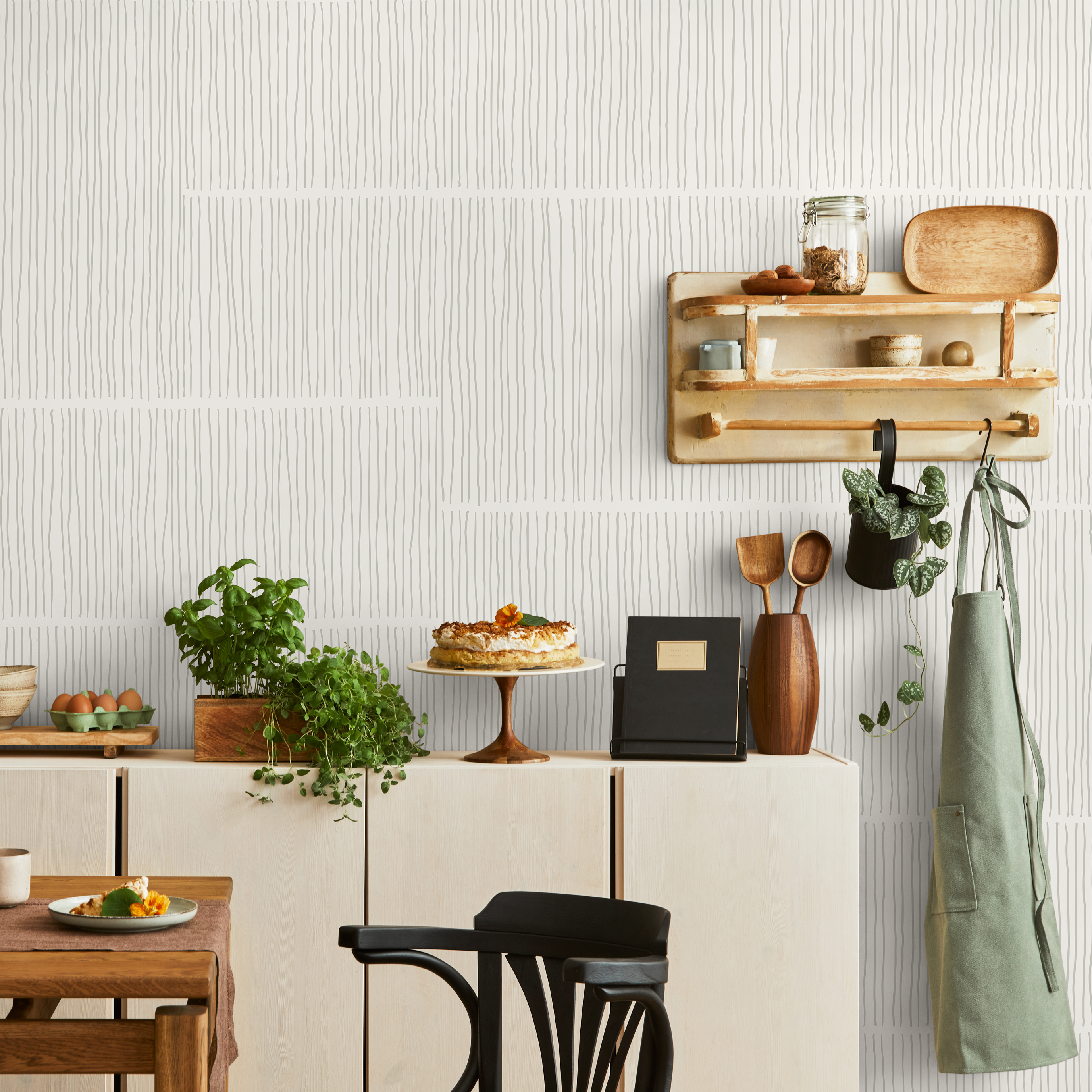Abstract Wallpaper With Wavy Vertical Lines In Beige And Sage Green - C172