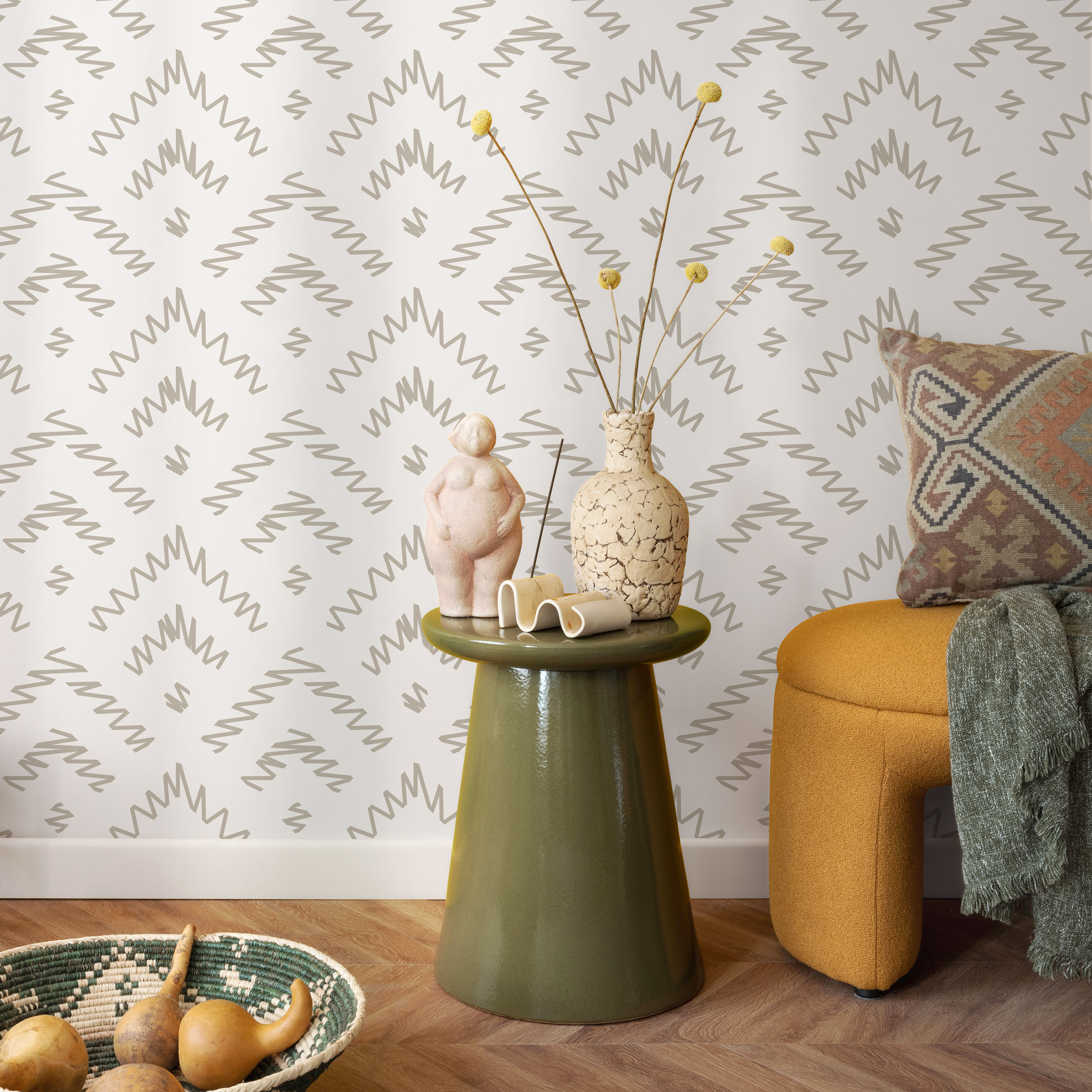 Abstract Wallpaper With A Hand-drawn Chevron Motif In Taupe - C174