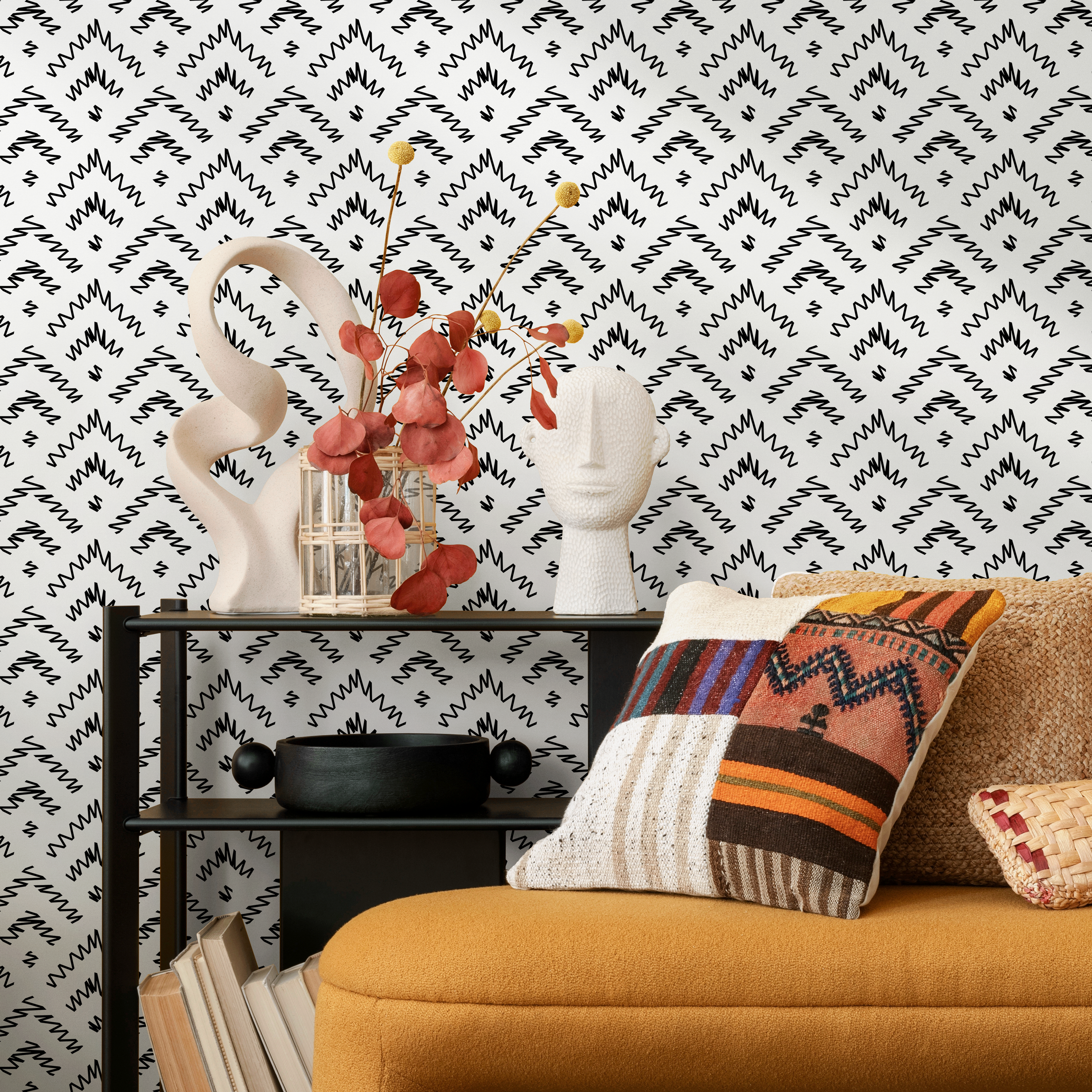 Geometric Wallpaper With A Sketched Diamond Motif In Black And White - C175