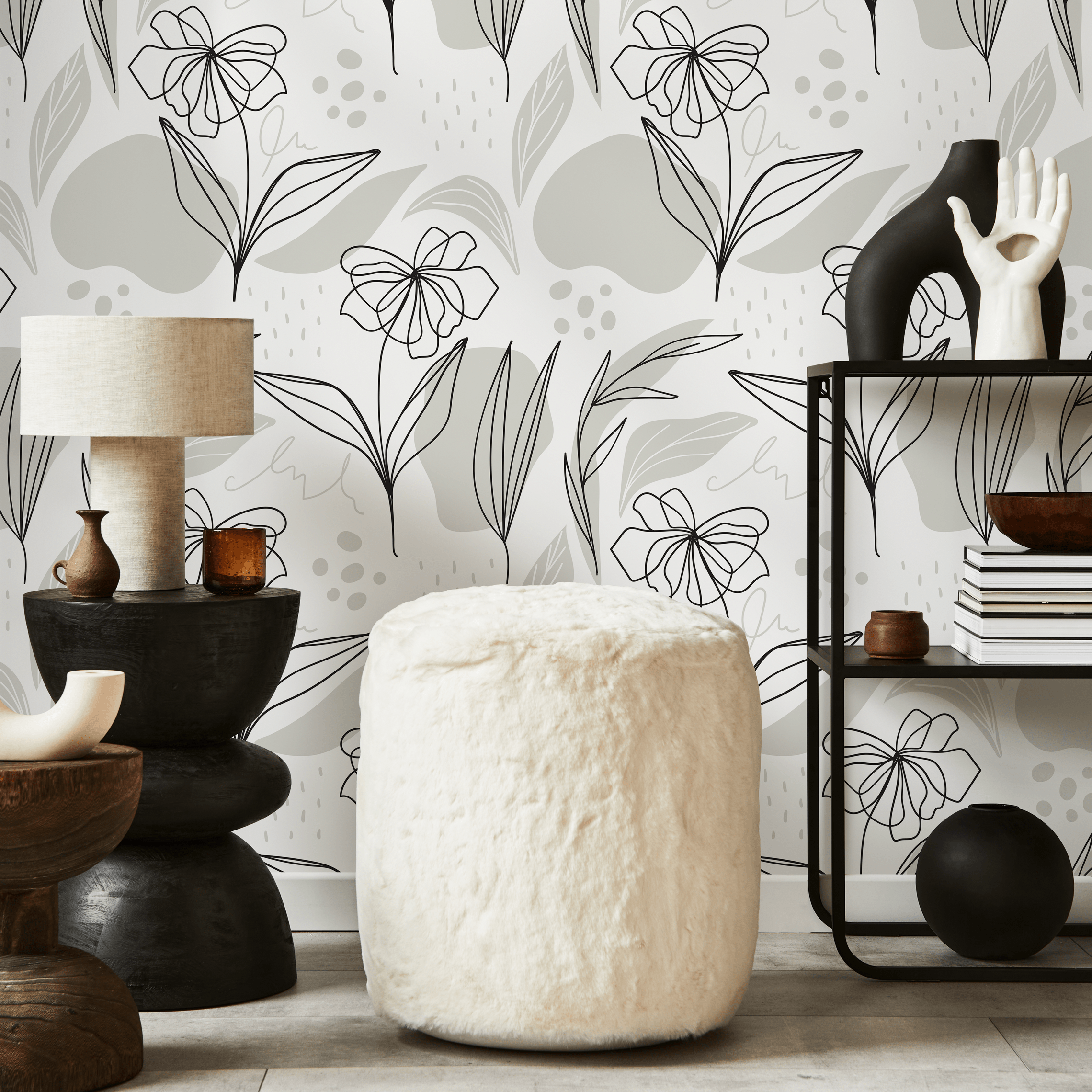 Botanical Wallpaper With Minimalist Line Art Flowers In Black And Gray - C176