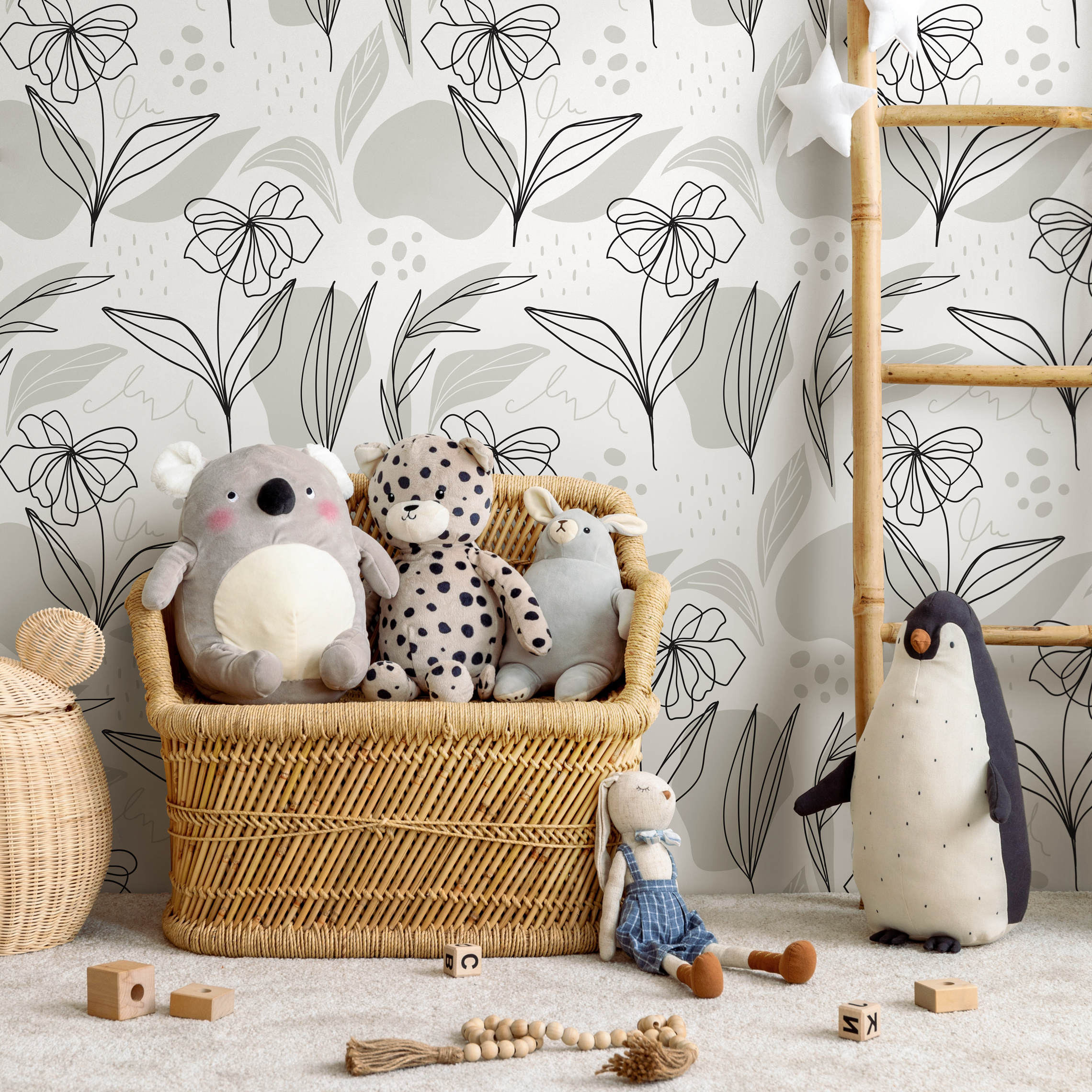 Botanical Wallpaper With Minimalist Line Art Flowers In Black And Gray - C176