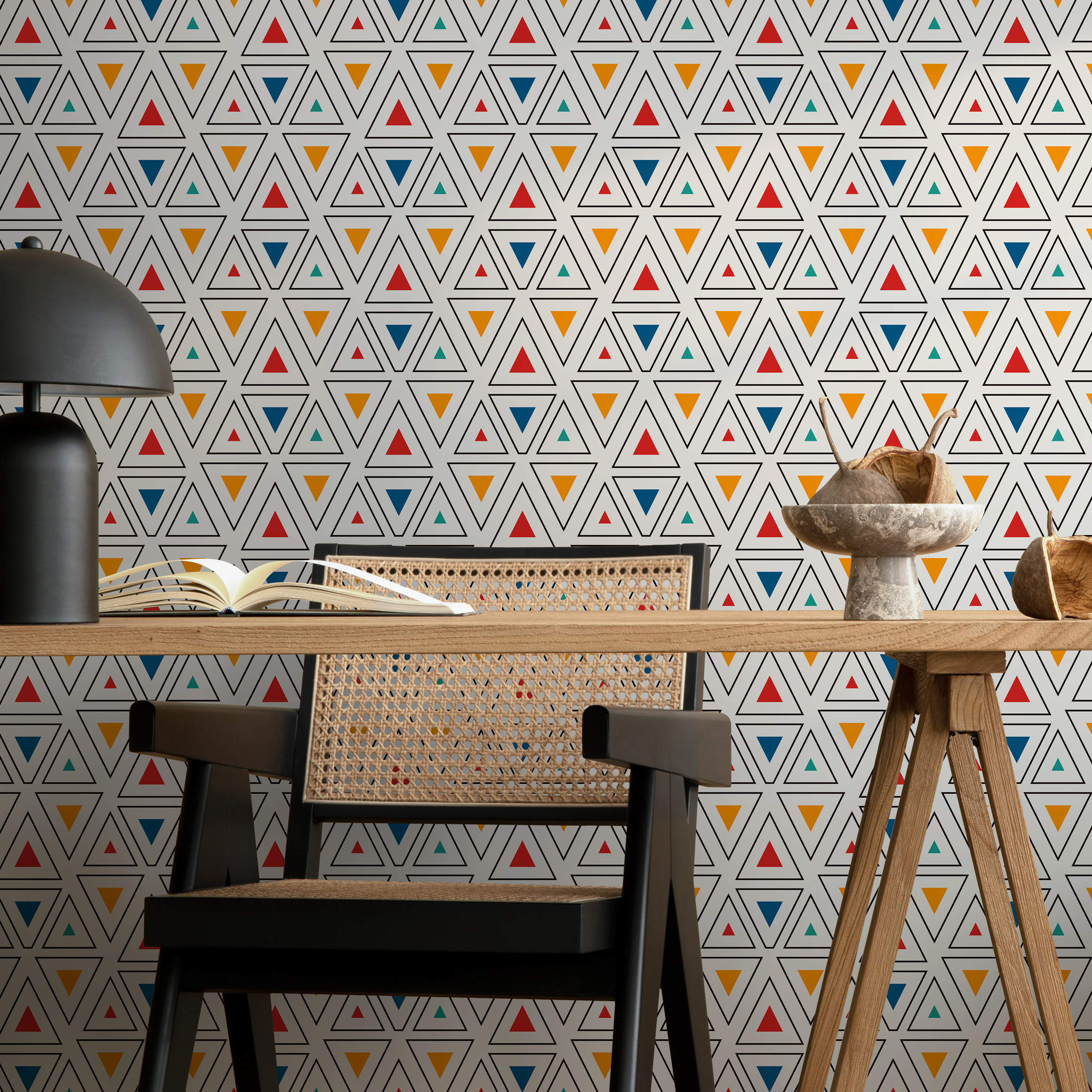 Geometric Wallpaper With A Pattern Of Colorful Triangles In Red, Orange, And Blue - C177