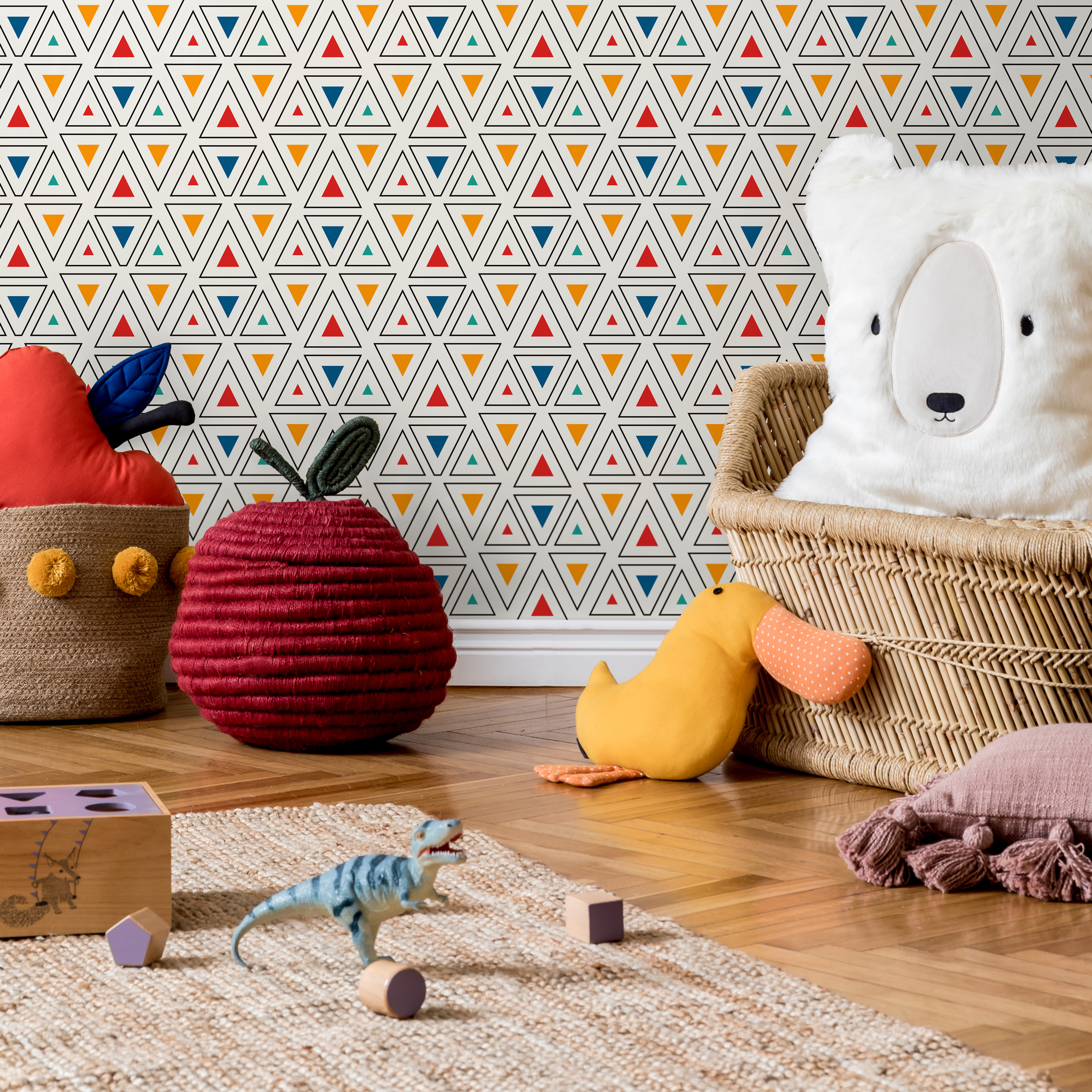 Geometric Wallpaper With A Pattern Of Colorful Triangles In Red, Orange, And Blue - C177