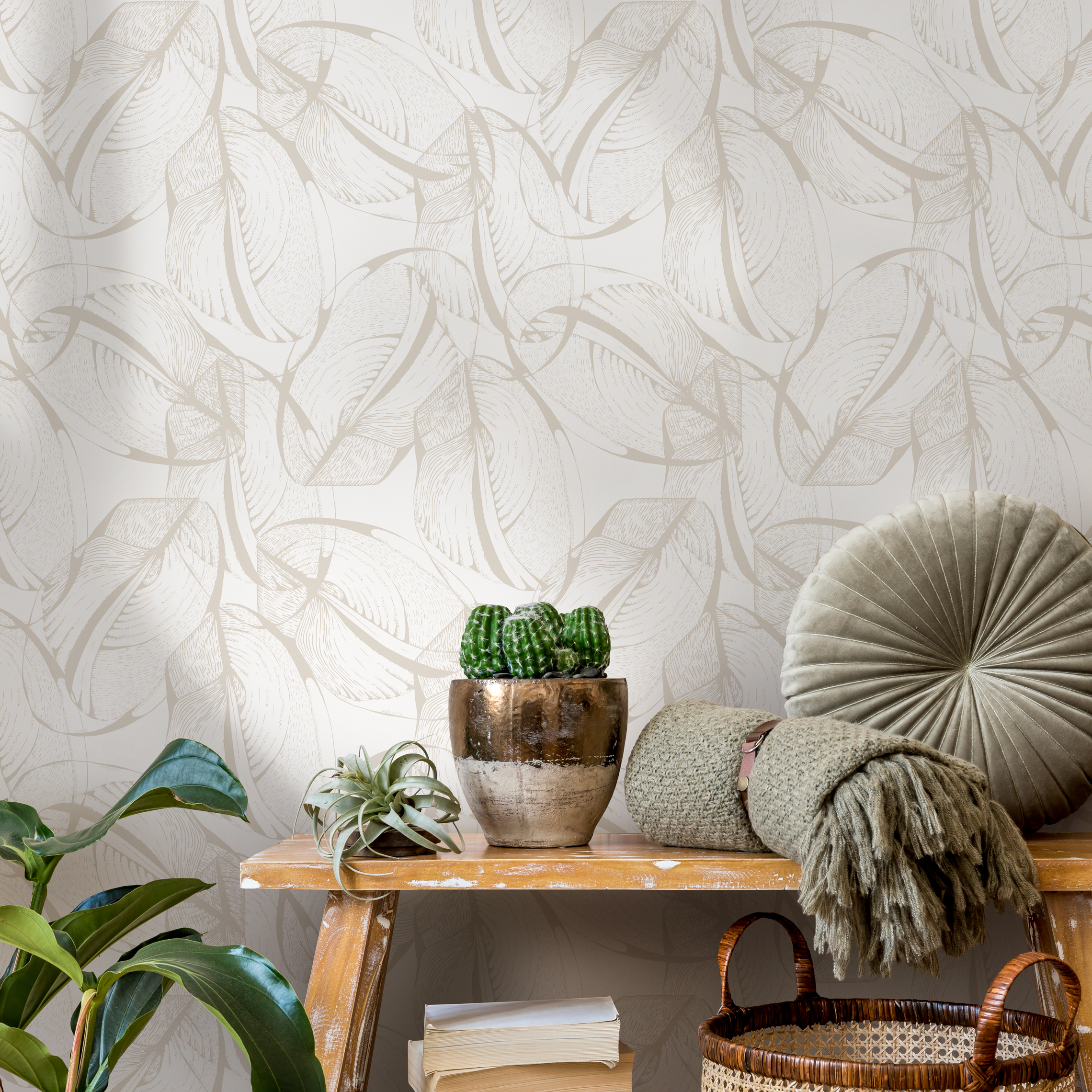 Botanical Wallpaper With Sketched Tropical Leaves In Beige - C178
