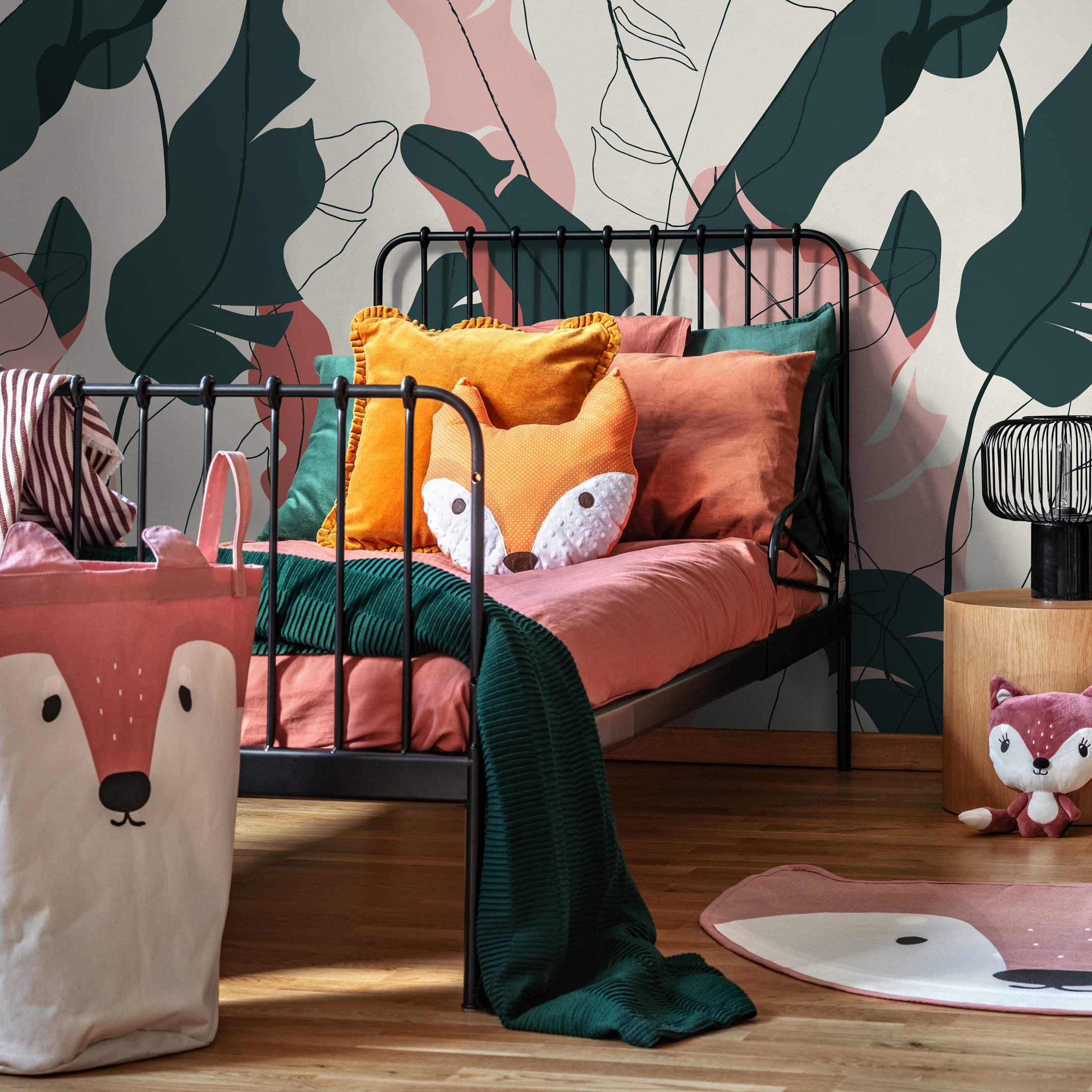 Abstract Wallpaper With Botanical Leaves And Line Art Faces In Teal And Pink - C179