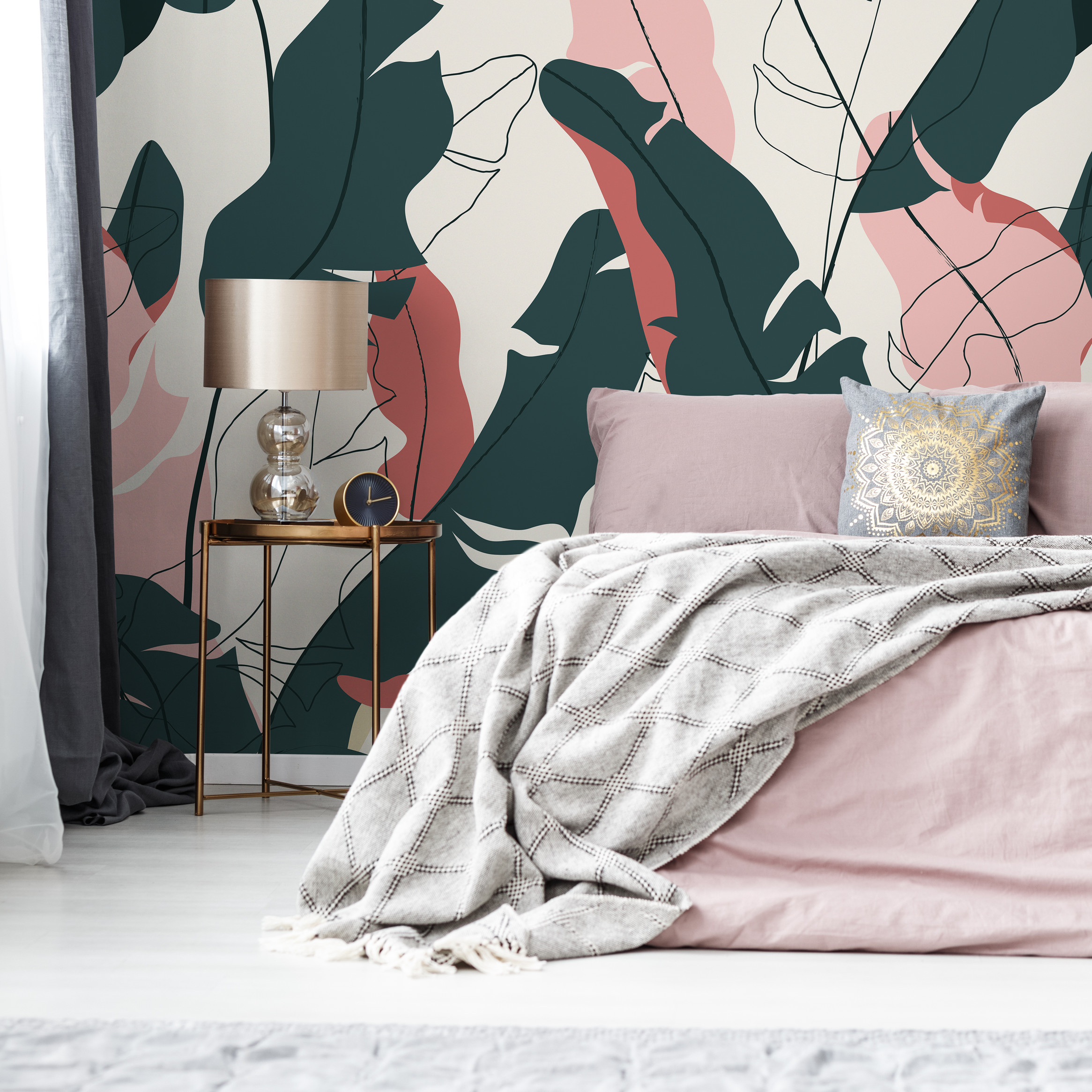 Abstract Wallpaper With Botanical Leaves And Line Art Faces In Teal And Pink - C179