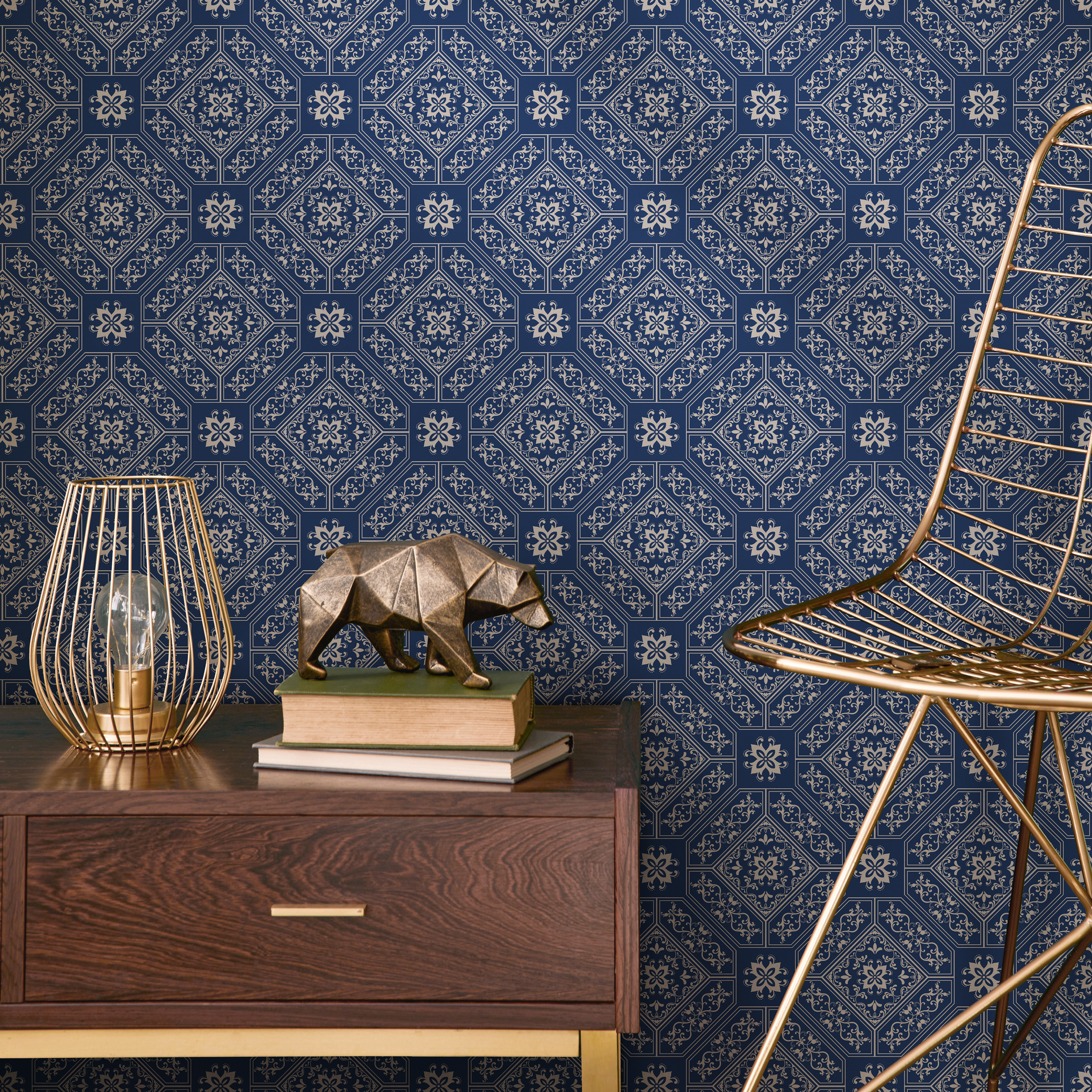 Geometric Wallpaper With An Intricate Tile Motif In Navy Blue And Beige - C188