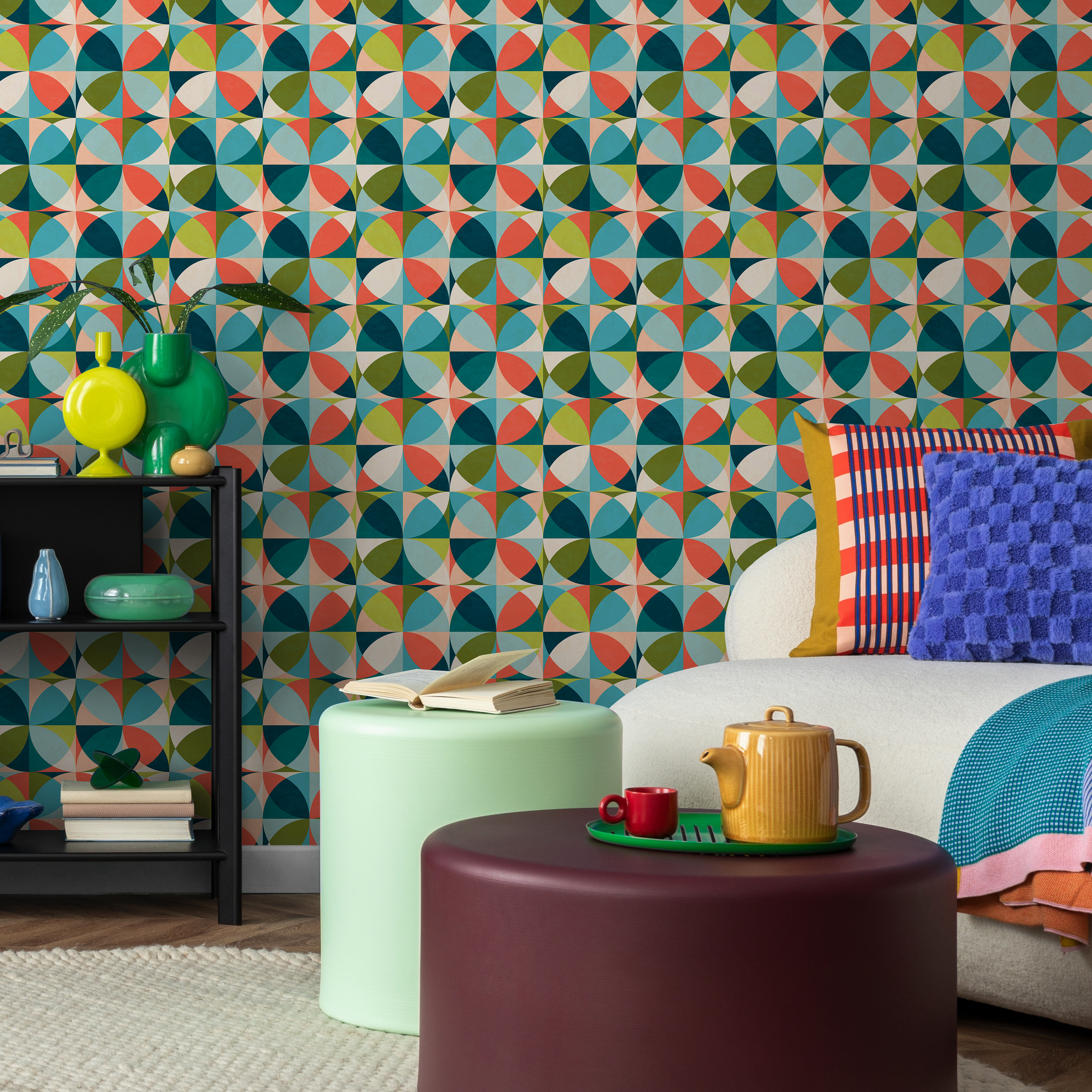 Geometric Wallpaper With A Retro Circle Motif In Teal, Orange, And Green - C192