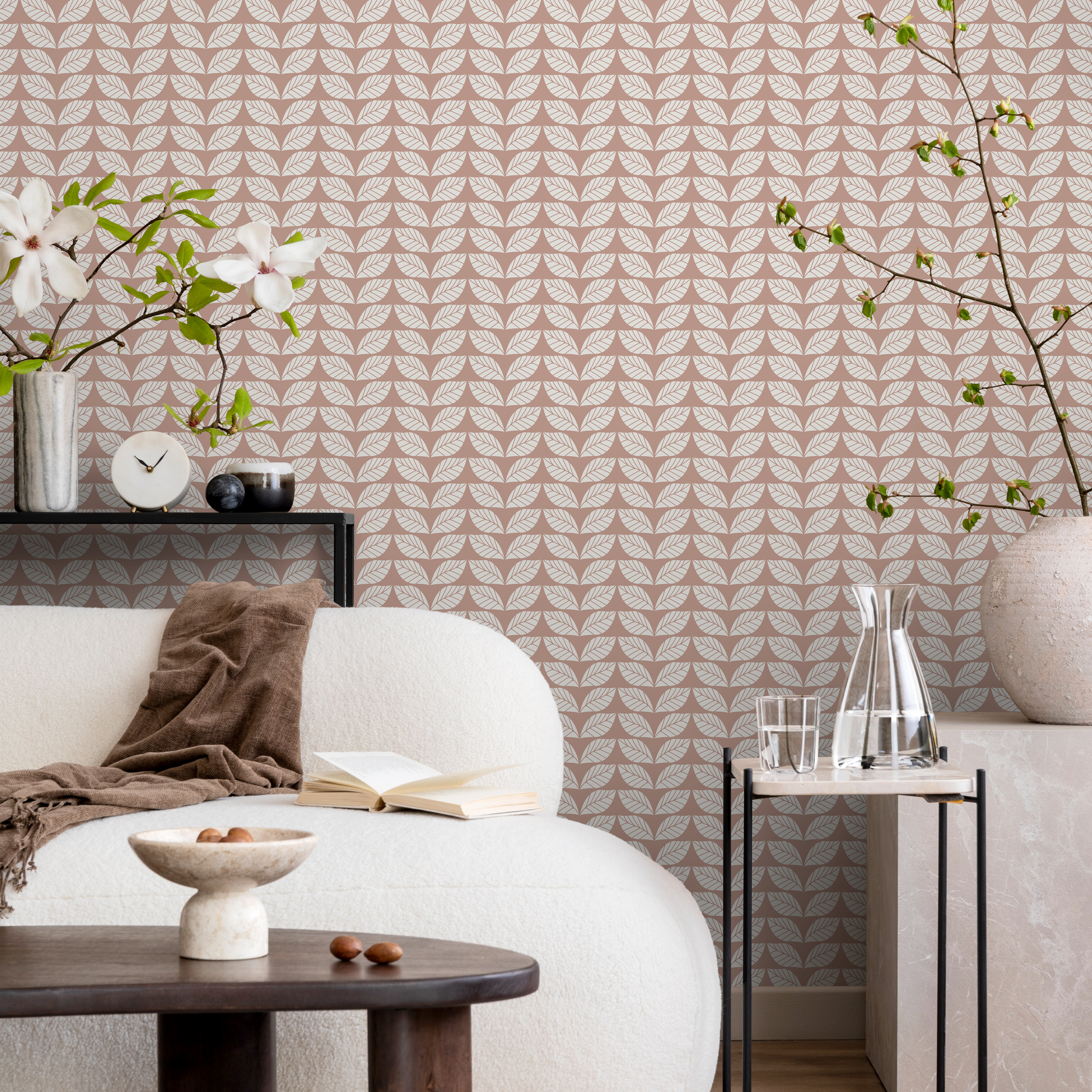 Herringbone Wallpaper With A Stylized Leaf Motif In Terracotta And Beige - C193
