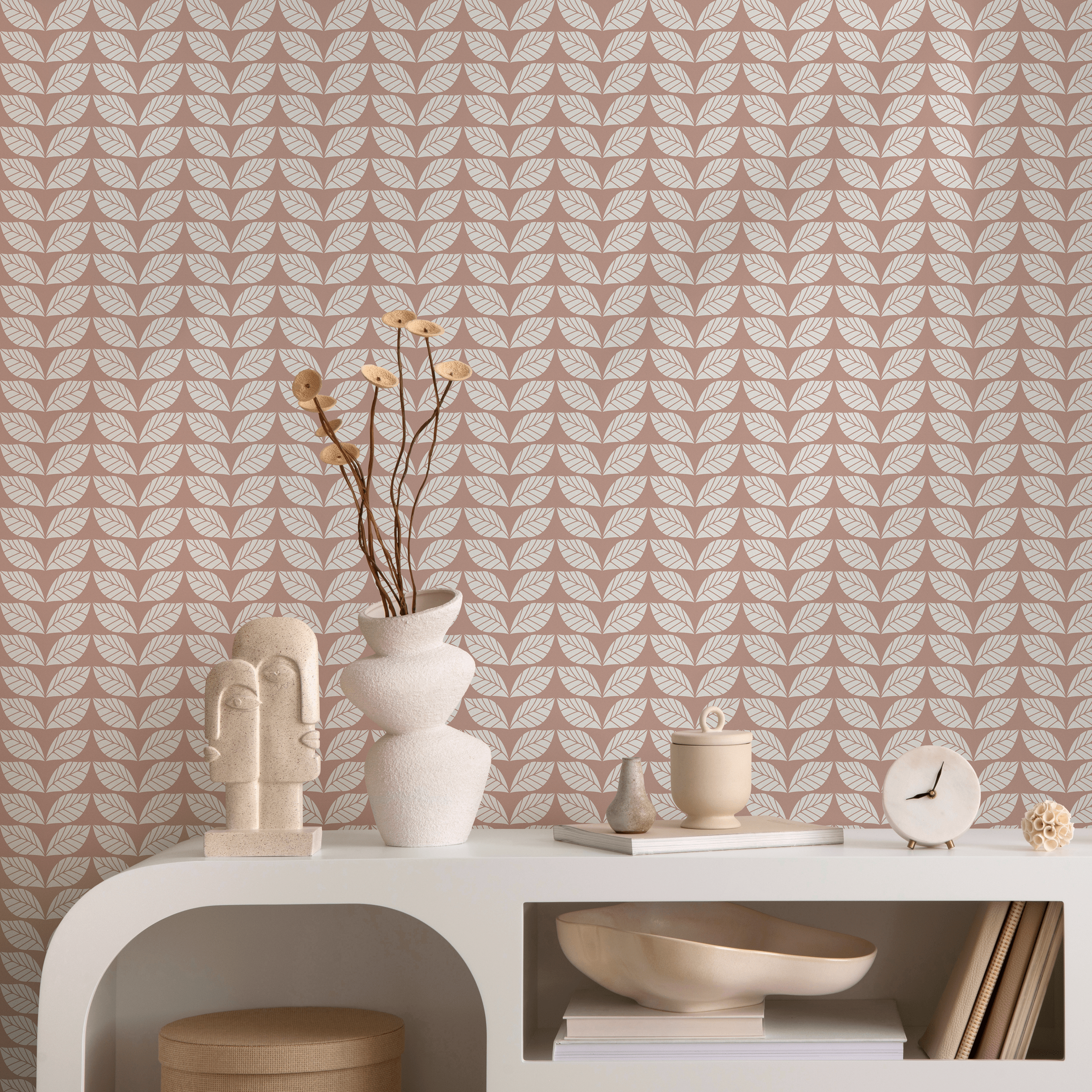 Herringbone Wallpaper With A Stylized Leaf Motif In Terracotta And Beige - C193