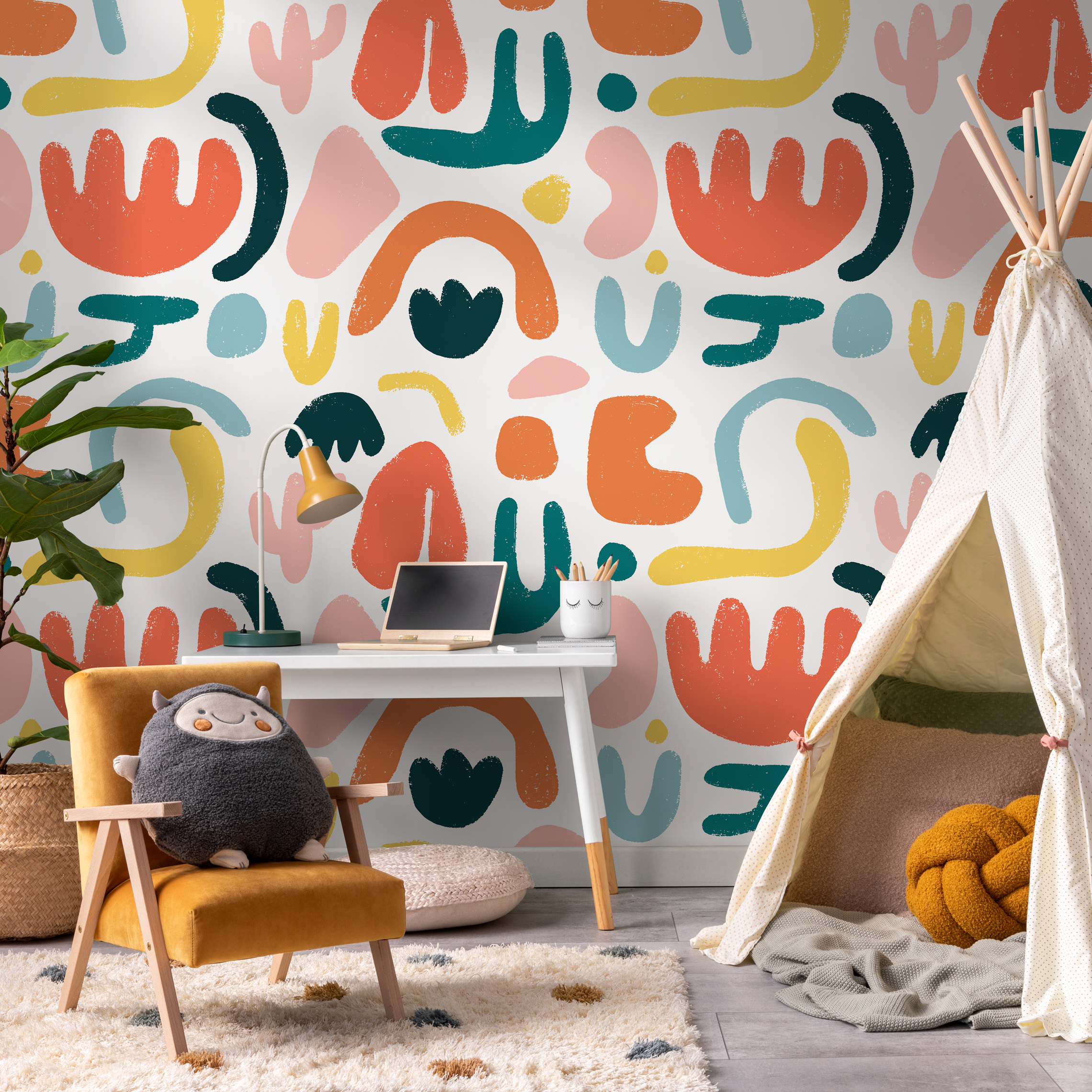 Abstract Wallpaper With Colorful Organic Shapes In Orange, Teal, And Yellow - C195