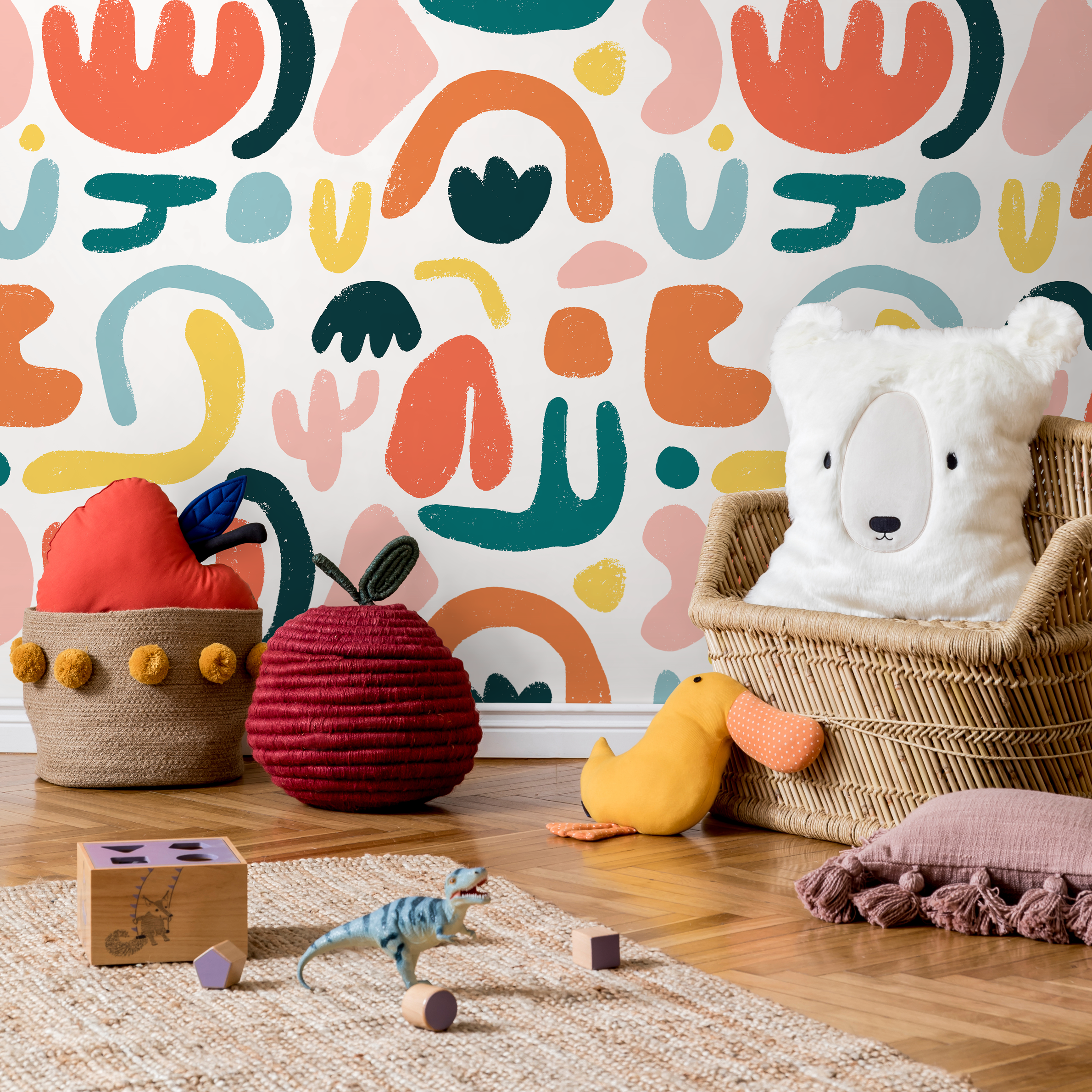 Abstract Wallpaper With Colorful Organic Shapes In Orange, Teal, And Yellow - C195