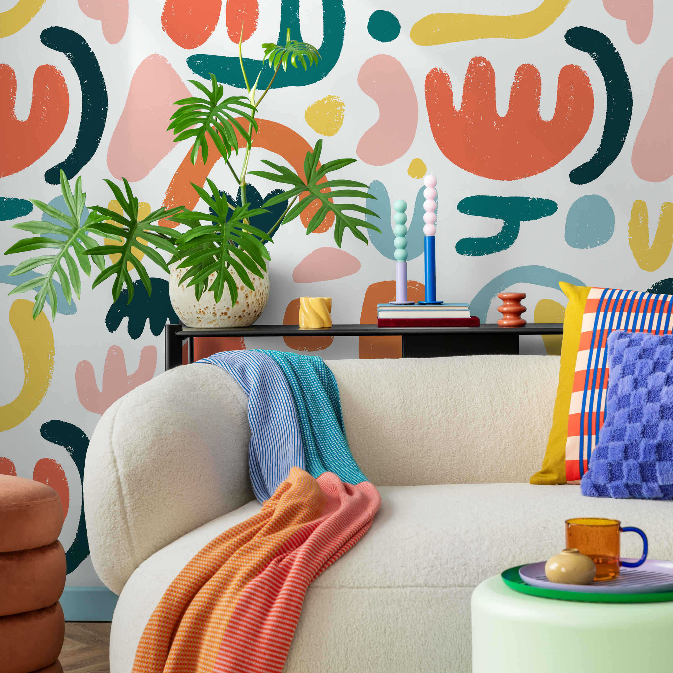 Abstract Wallpaper With Colorful Organic Shapes In Orange, Teal, And Yellow - C195