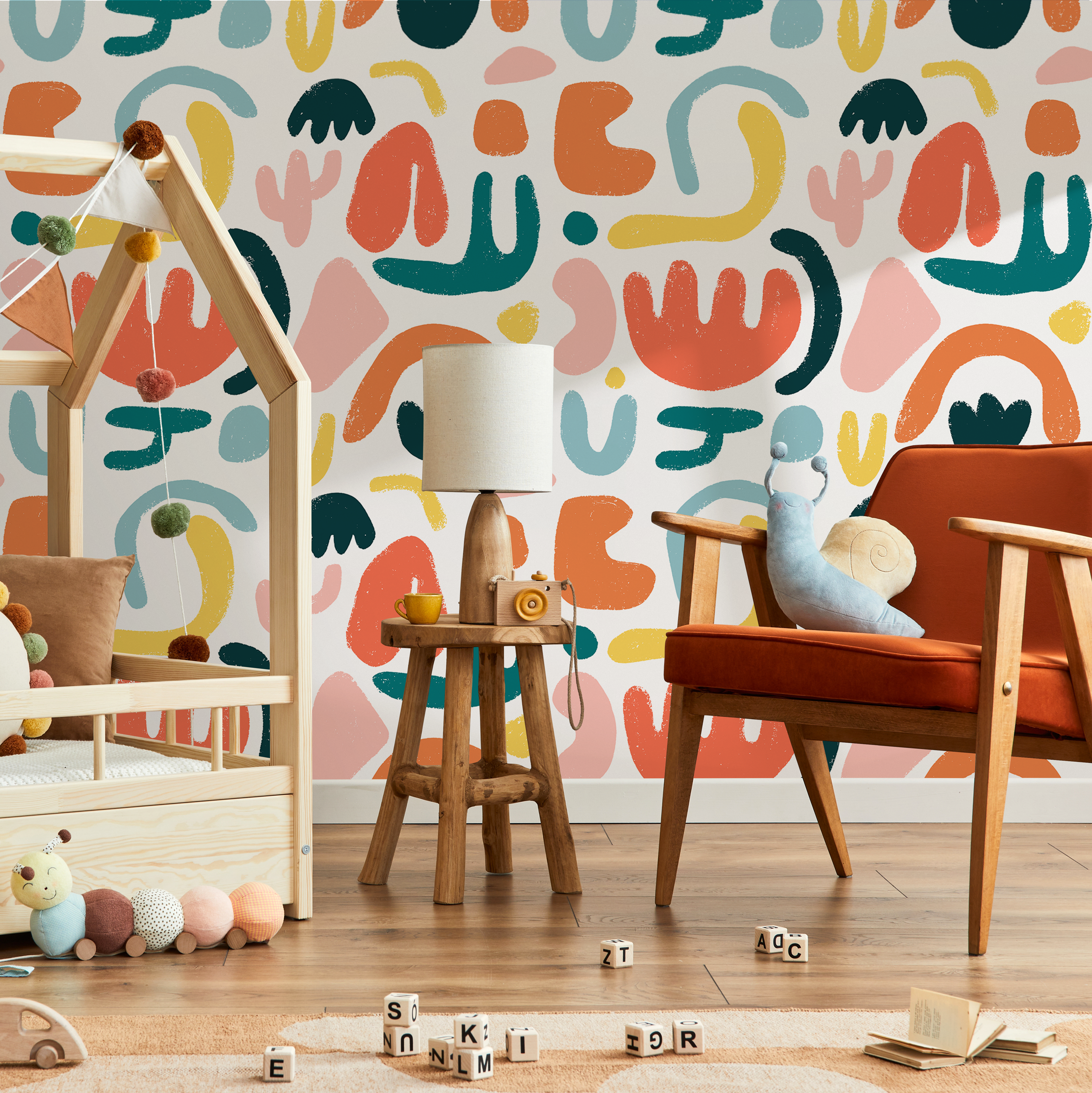 Abstract Wallpaper With Colorful Organic Shapes In Orange, Teal, And Yellow - C195