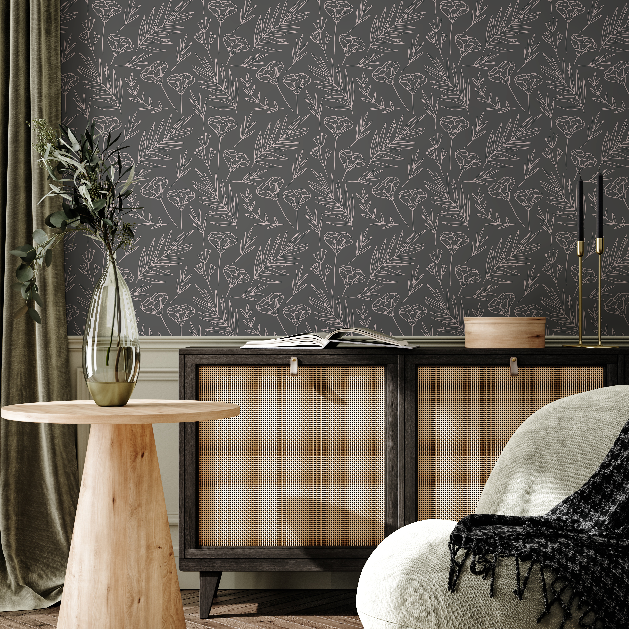 Floral Wallpaper With Minimalist Line-drawn Flowers In Gray And Pink - C196