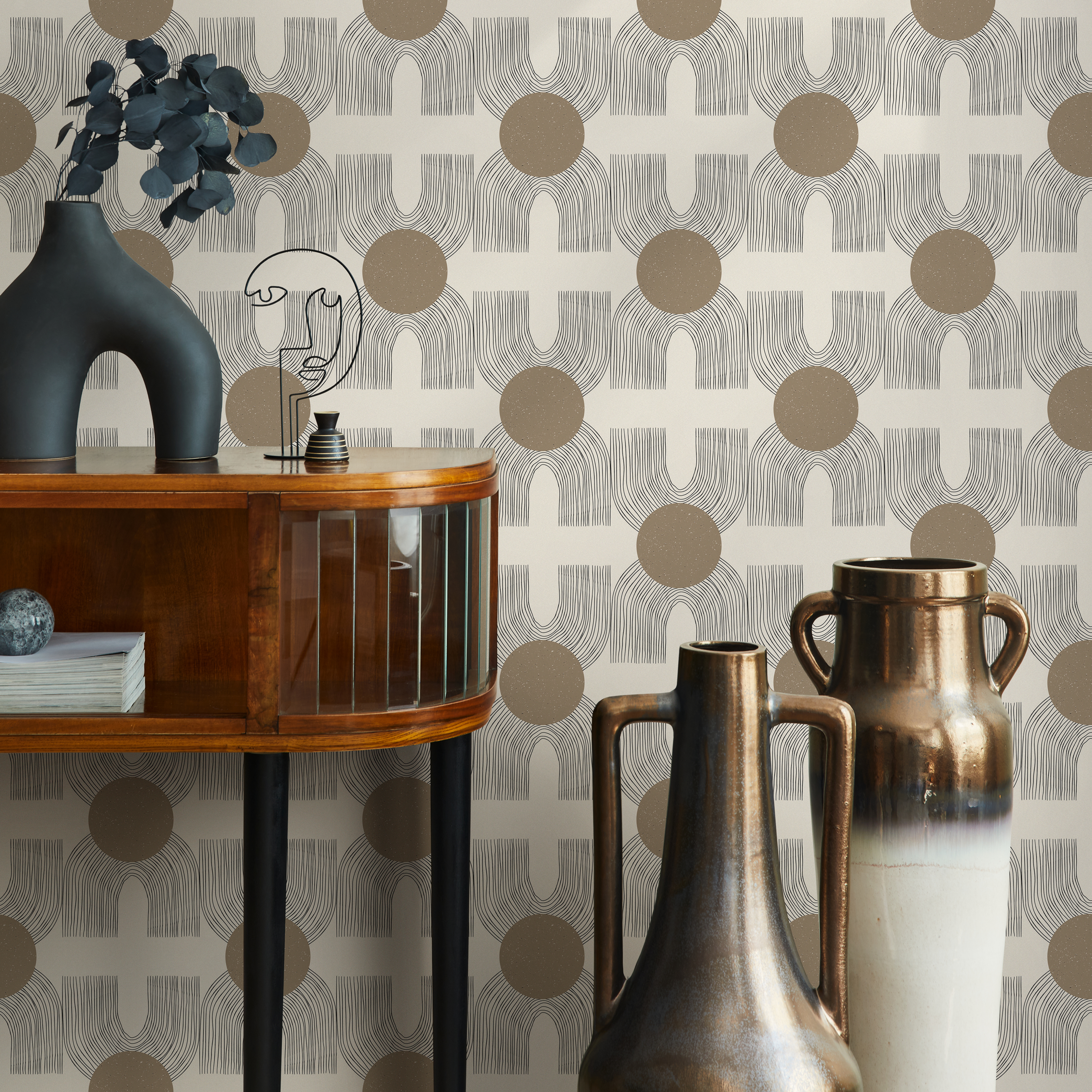 Geometric Wallpaper With Abstract Circles And Sketched Lines In Brown And Gray - C198