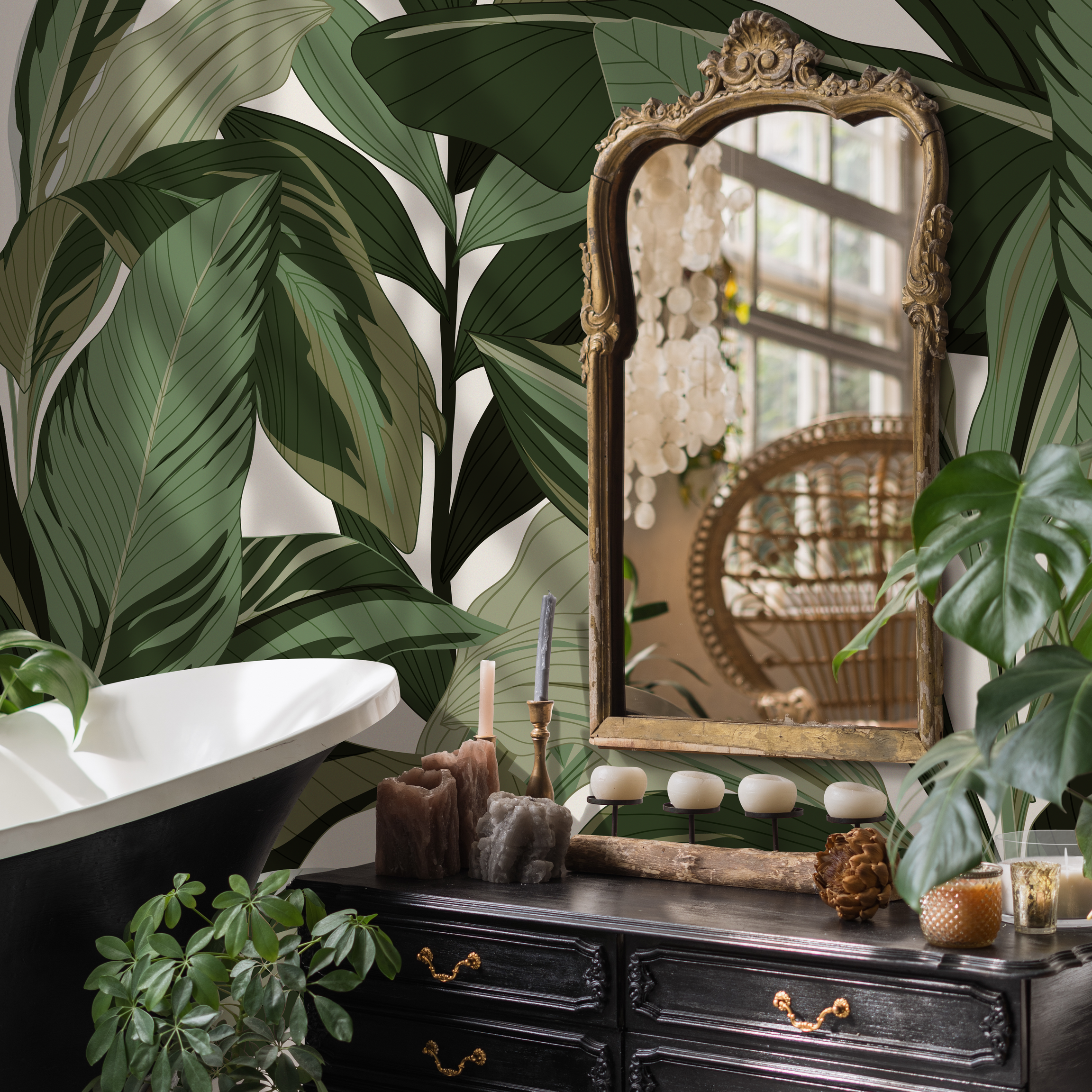 Botanical Wallpaper Featuring Large Tropical Leaves In Green - C199