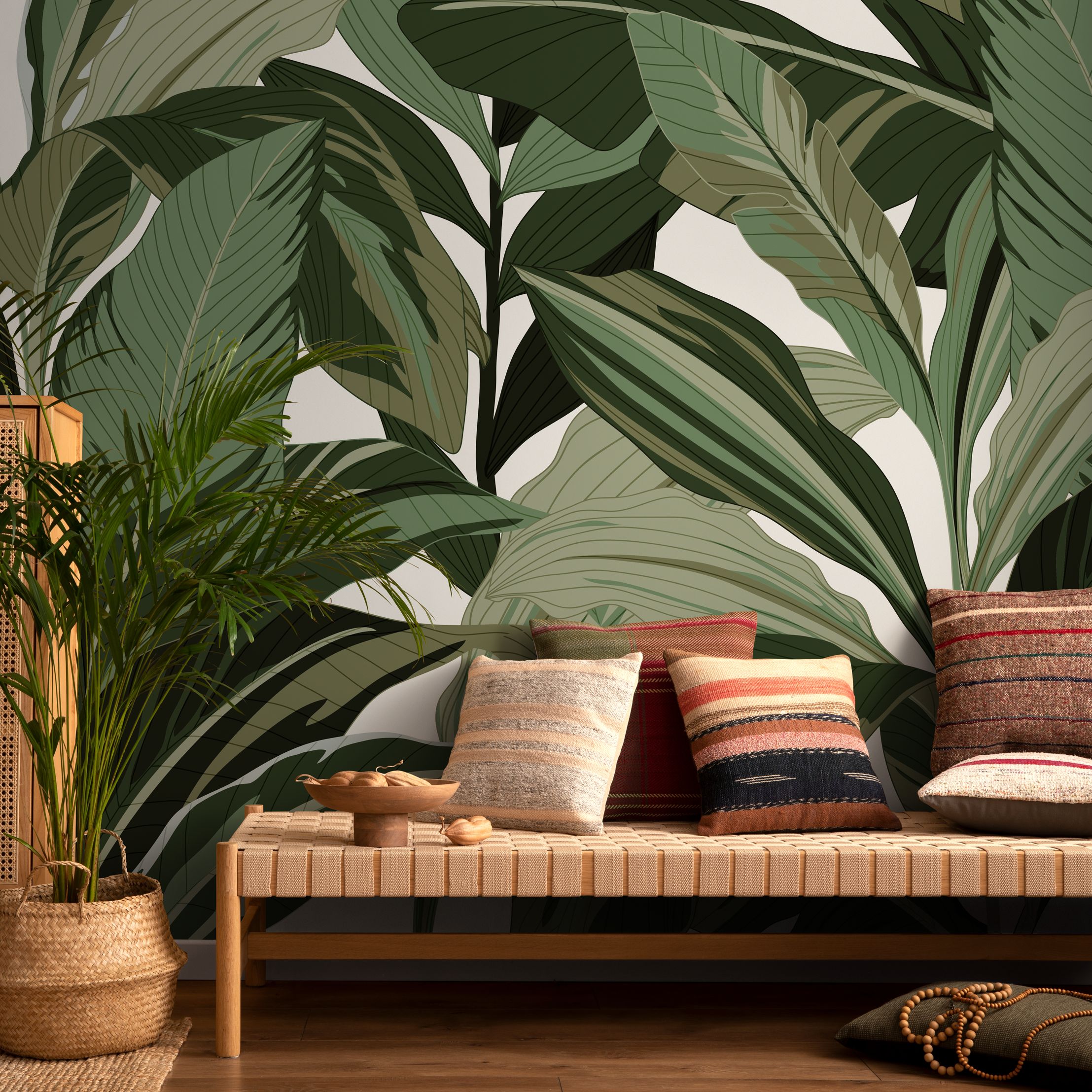 Botanical Wallpaper Featuring Large Tropical Leaves In Green - C199