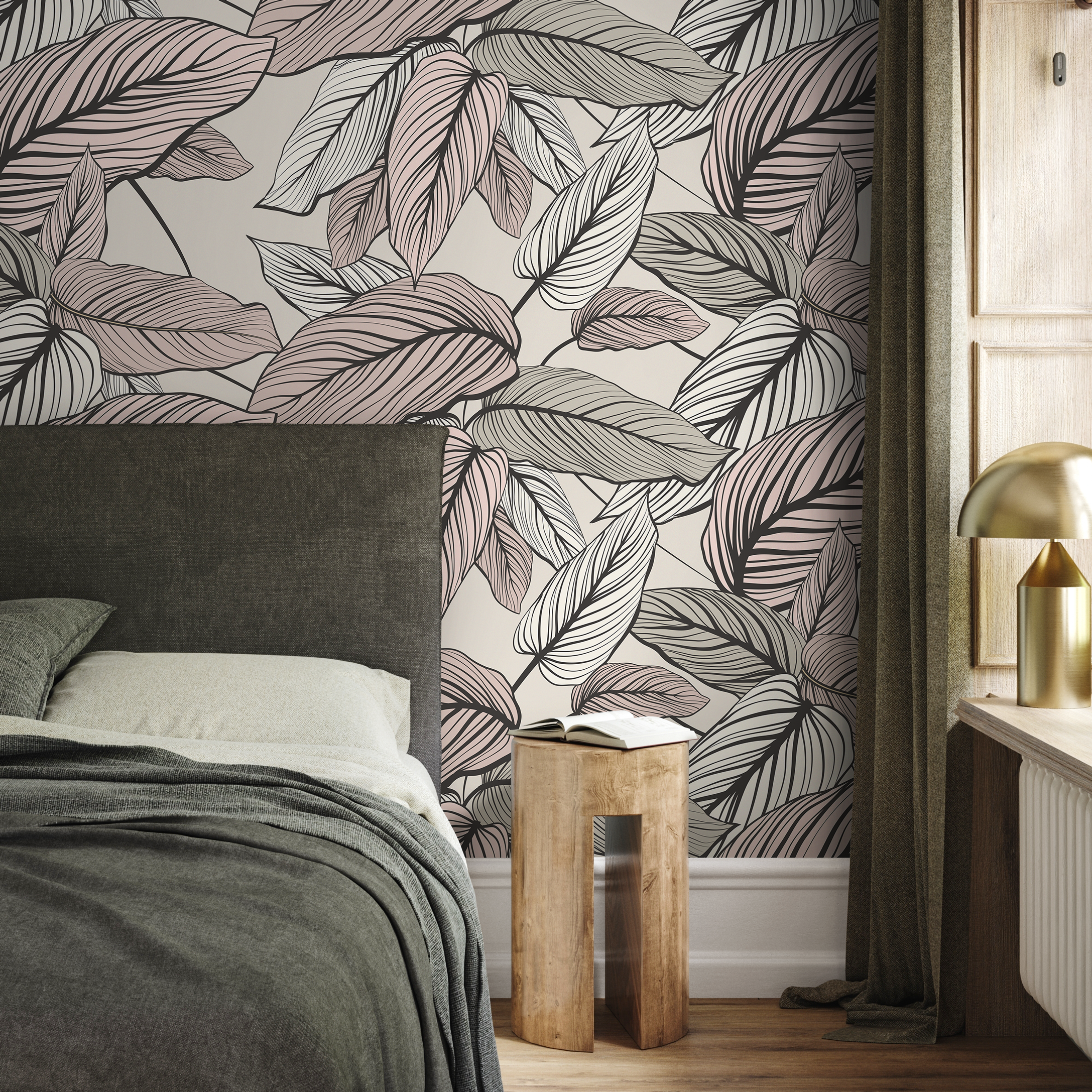 Botanical Wallpaper With Lined Calathea Leaves In Pink, Beige, And Black - C200