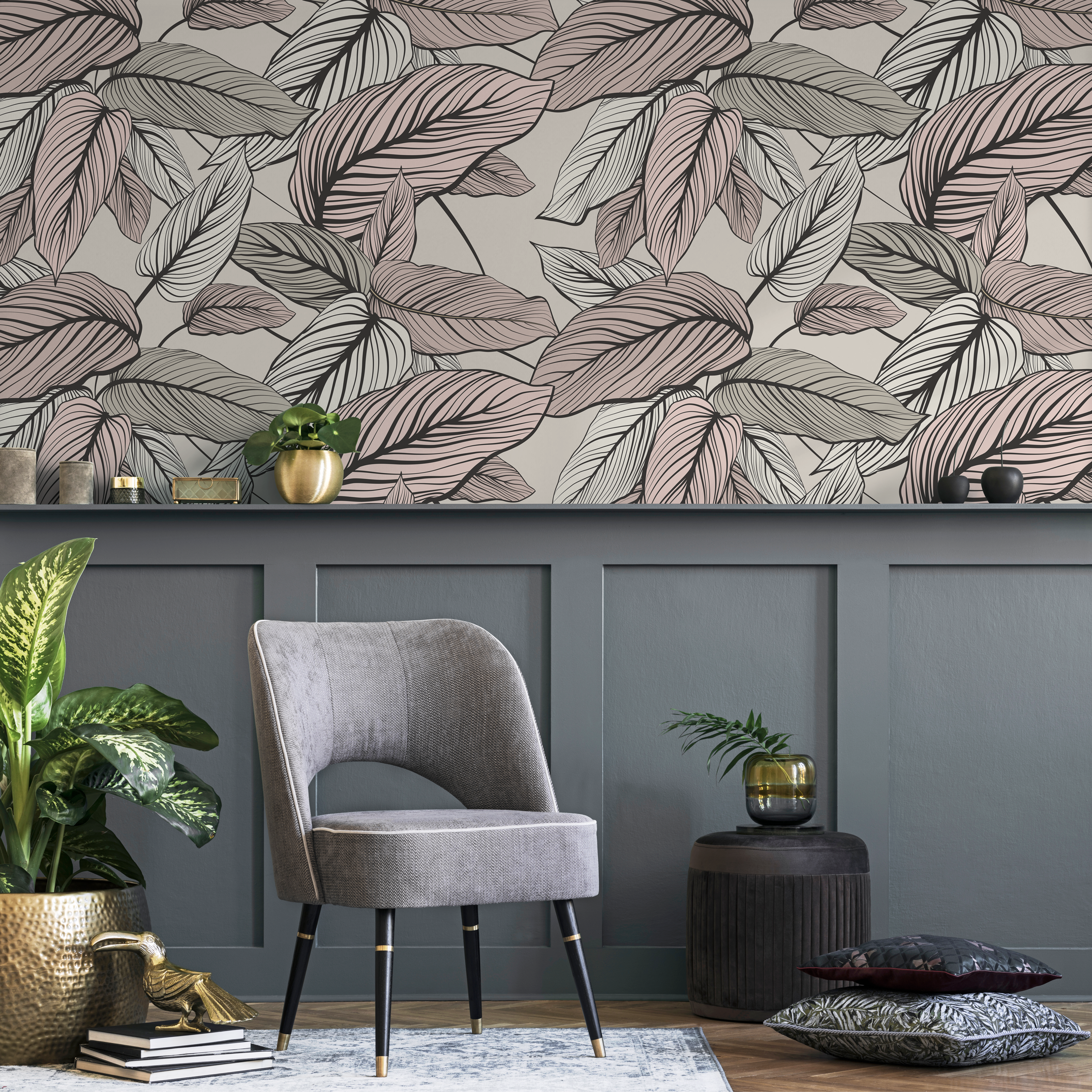 Botanical Wallpaper With Lined Calathea Leaves In Pink, Beige, And Black - C200
