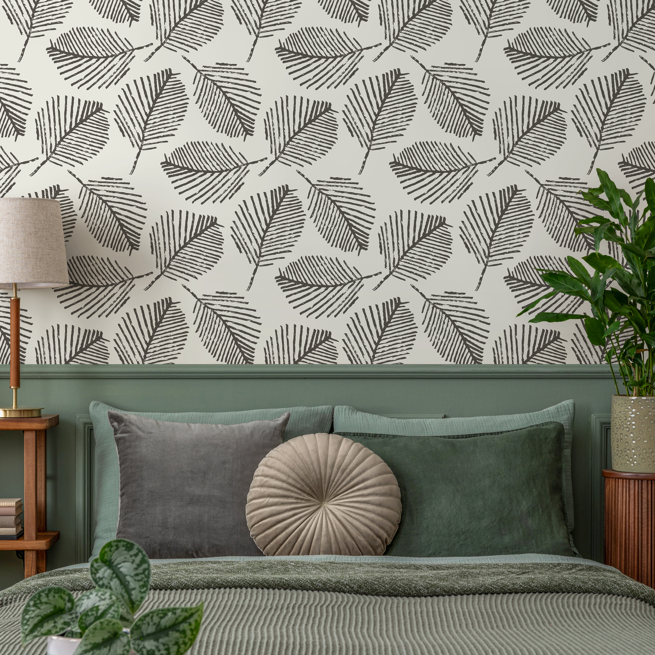 Botanical Wallpaper With A Stamped Leaf Motif In Black And Off-white - C201