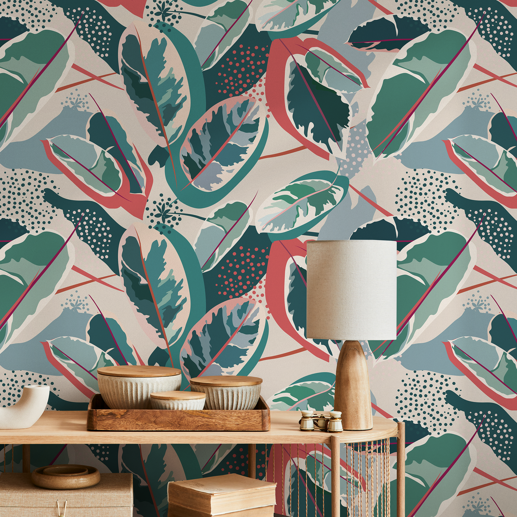 Botanical Wallpaper With Abstract Tropical Leaves In Green, Coral, And Blue - C202