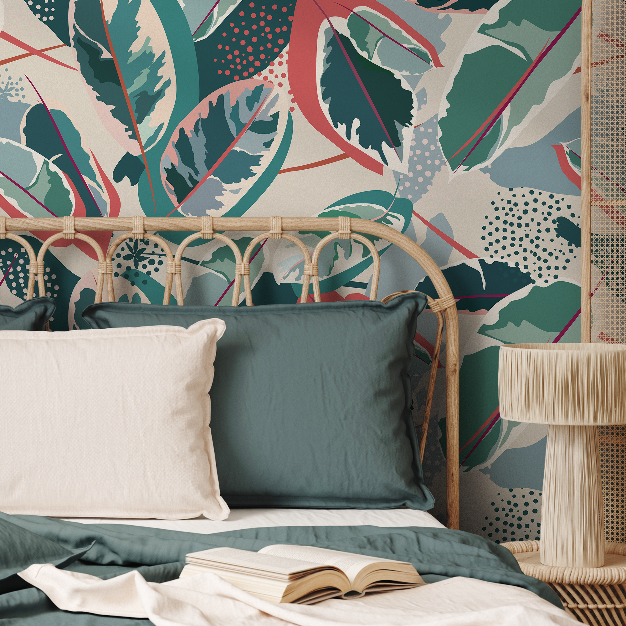 Botanical Wallpaper With Abstract Tropical Leaves In Green, Coral, And Blue - C202