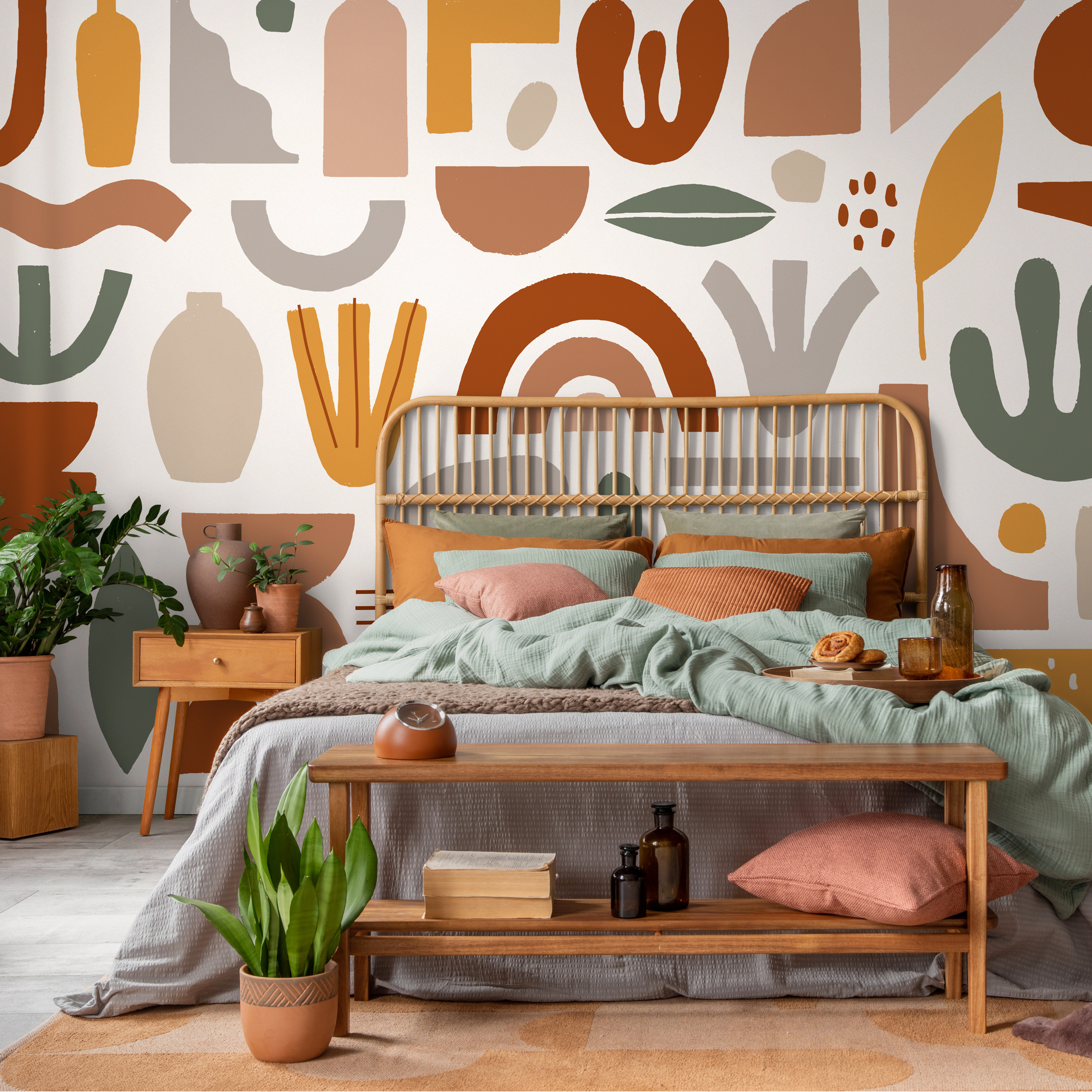 Boho Wallpaper With Abstract Shapes And Rainbows In Terracotta, Sage, And Yellow - C203