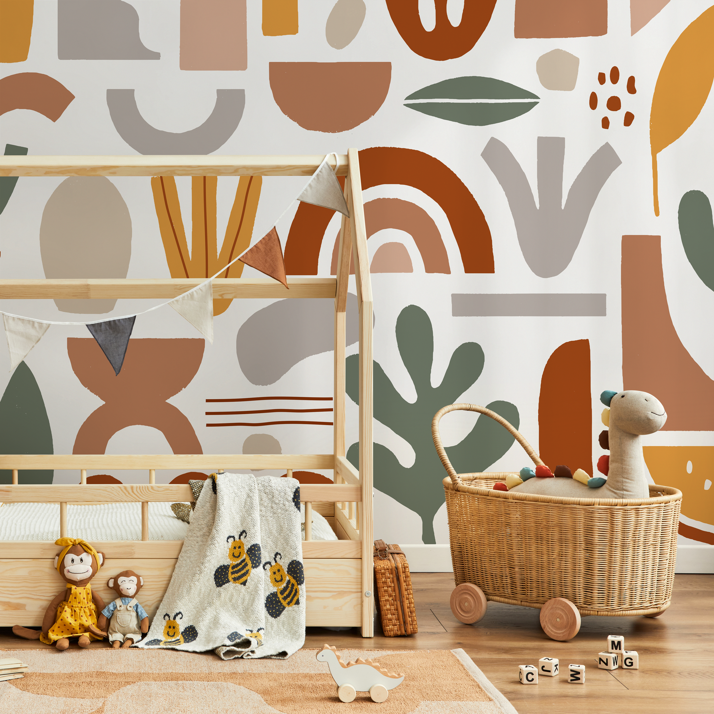 Boho Wallpaper With Abstract Shapes And Rainbows In Terracotta, Sage, And Yellow - C203