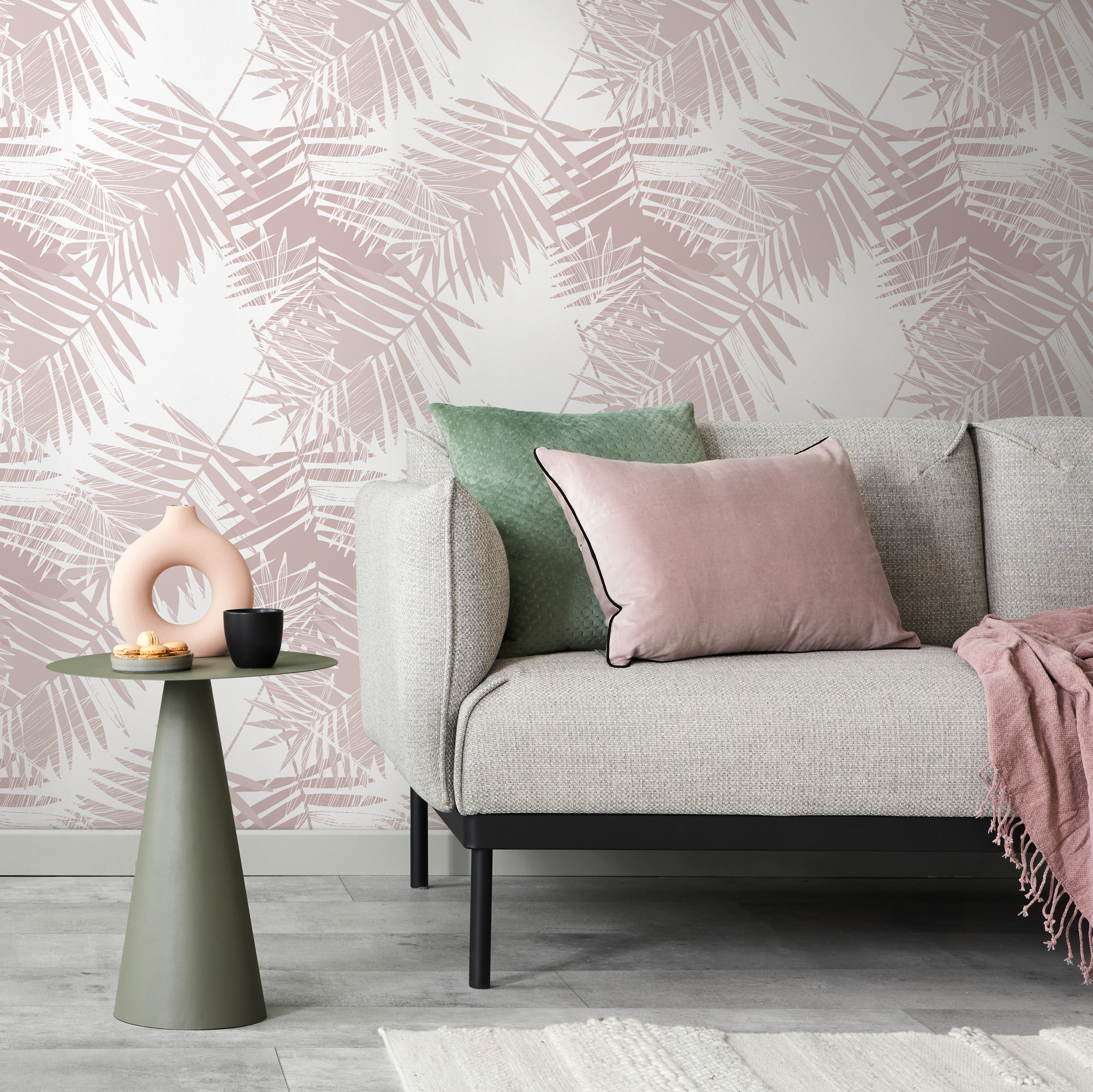 Botanical Wallpaper With A Sketchy Palm Leaf Motif In Dusty Pink - C204