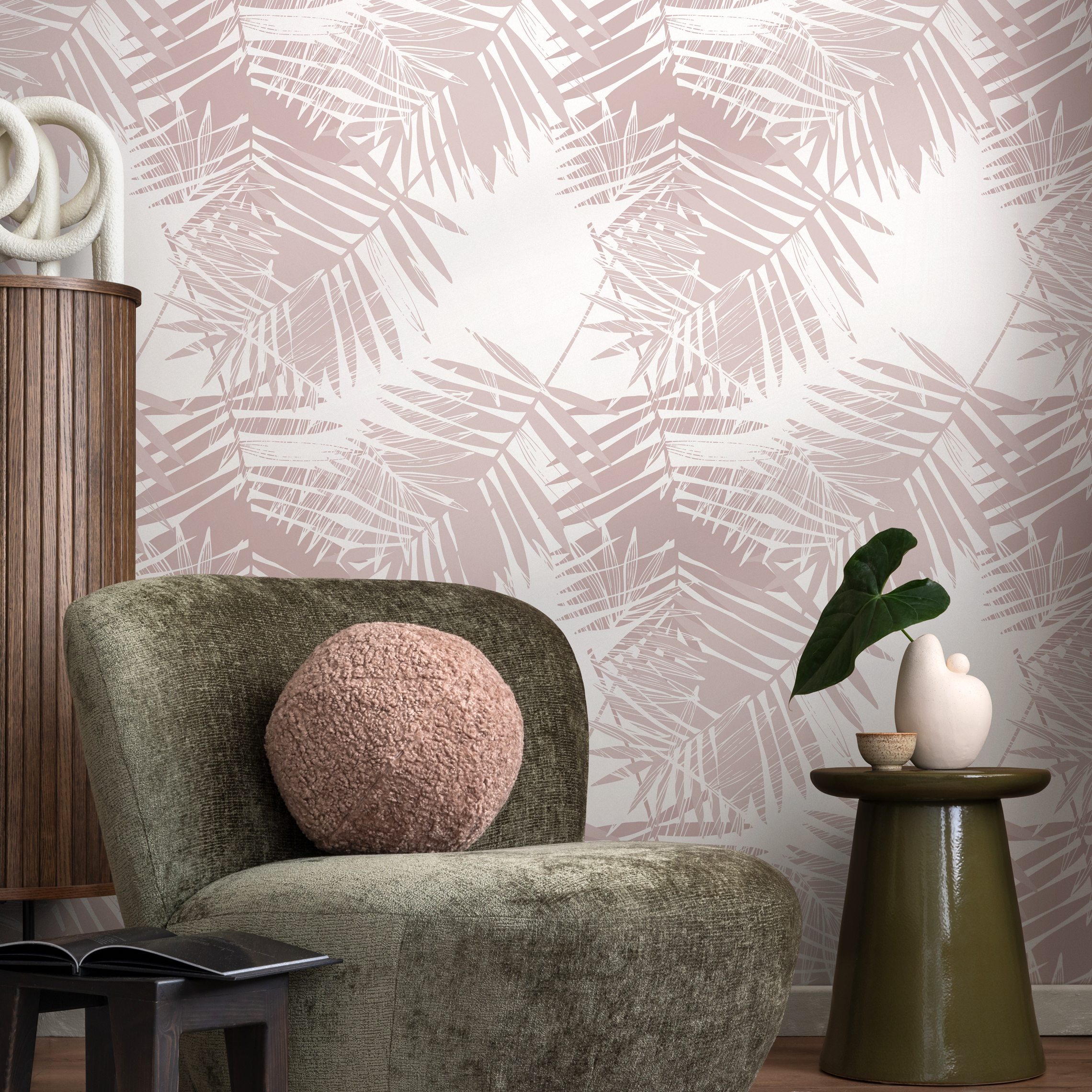 Botanical Wallpaper With A Sketchy Palm Leaf Motif In Dusty Pink - C204