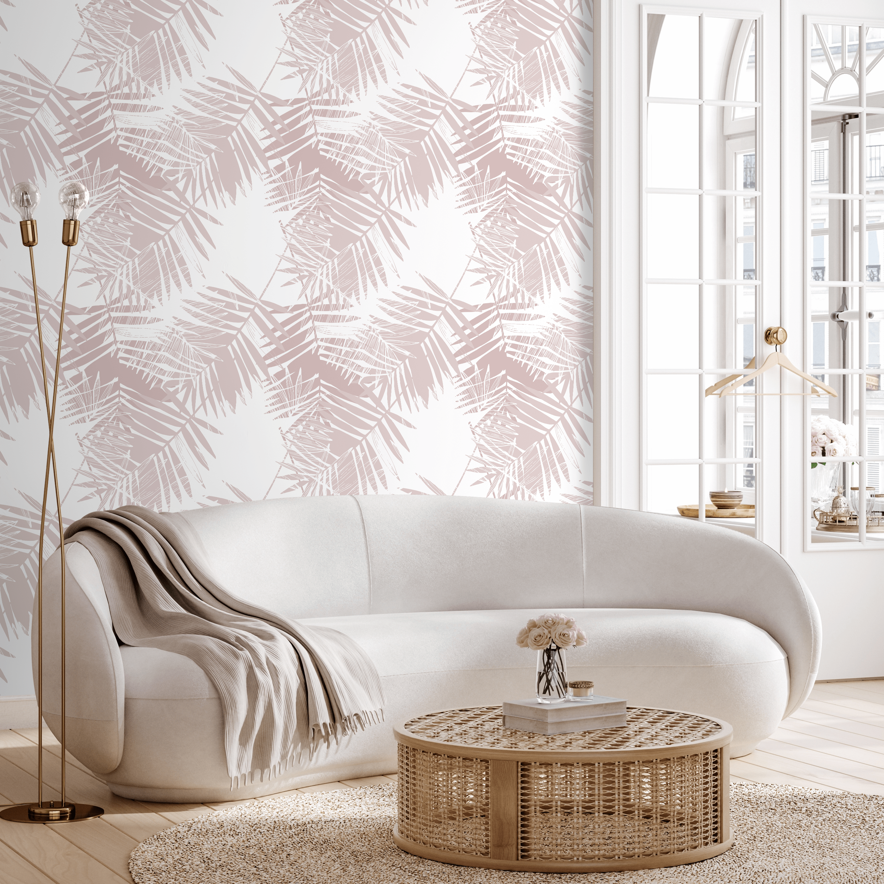 Botanical Wallpaper With A Sketchy Palm Leaf Motif In Dusty Pink - C204