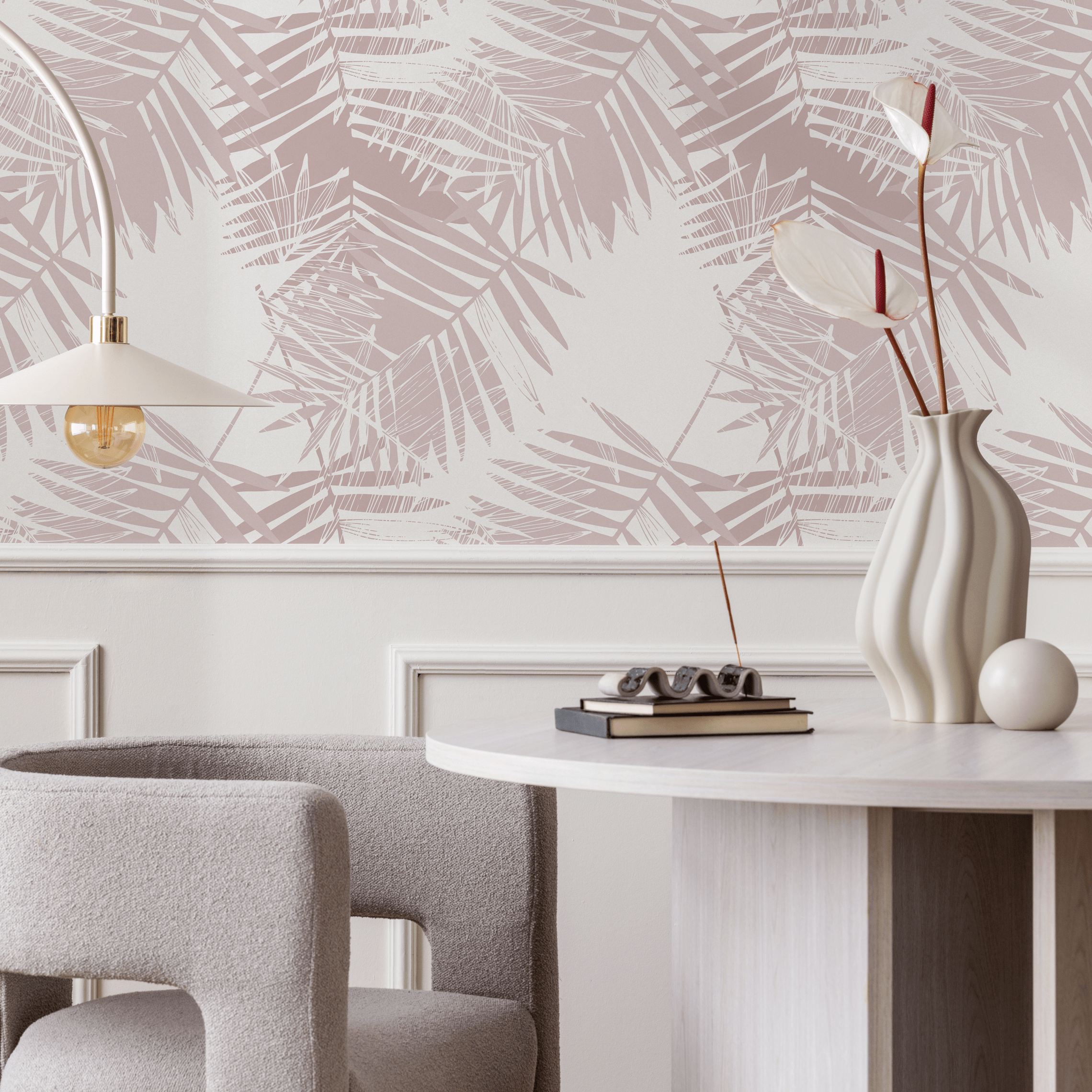 Botanical Wallpaper With A Sketchy Palm Leaf Motif In Dusty Pink - C204