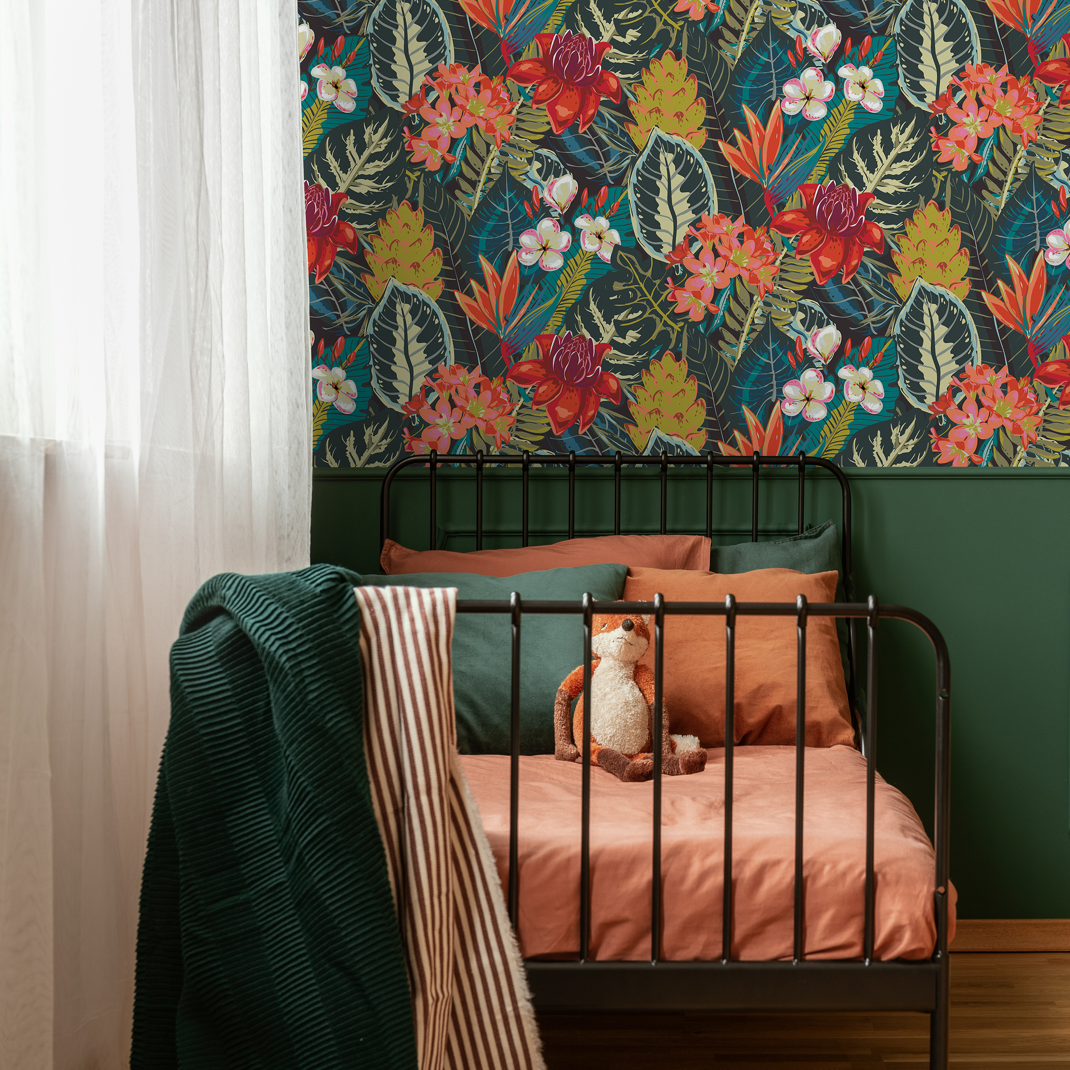 Botanical Wallpaper With A Lush Tropical Motif In Red, Pink, And Green - C206