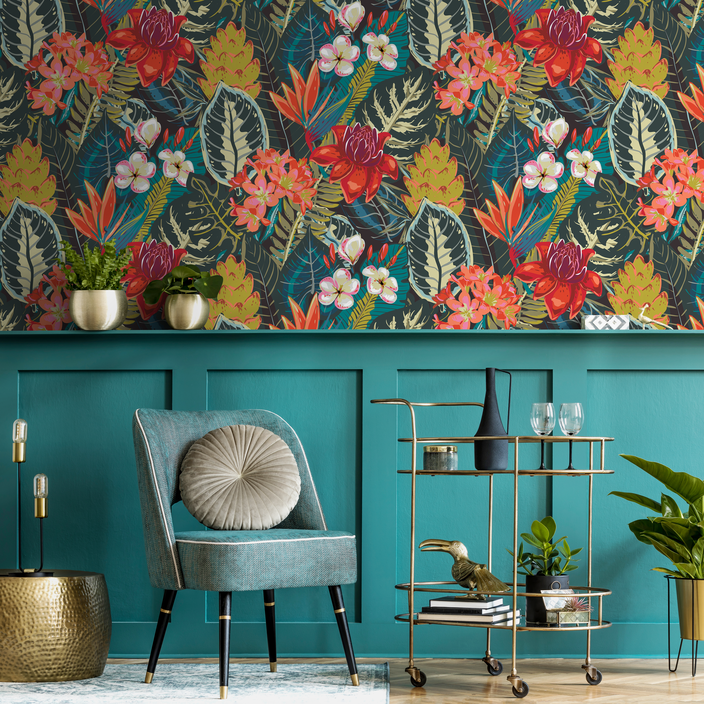 Botanical Wallpaper With A Lush Tropical Motif In Red, Pink, And Green - C206