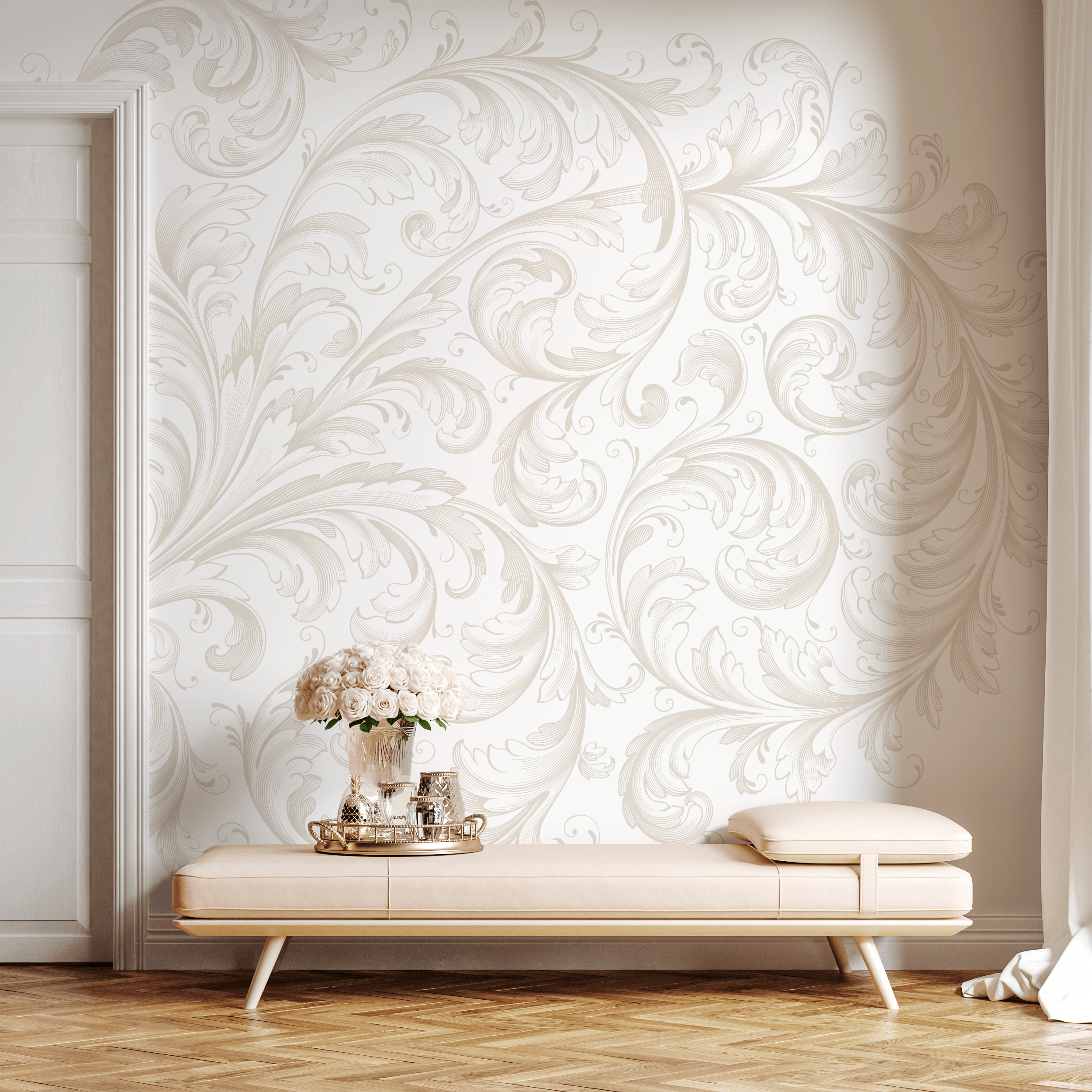 Damask Wallpaper With Elegant Acanthus Scrolls In Beige And Cream - C209