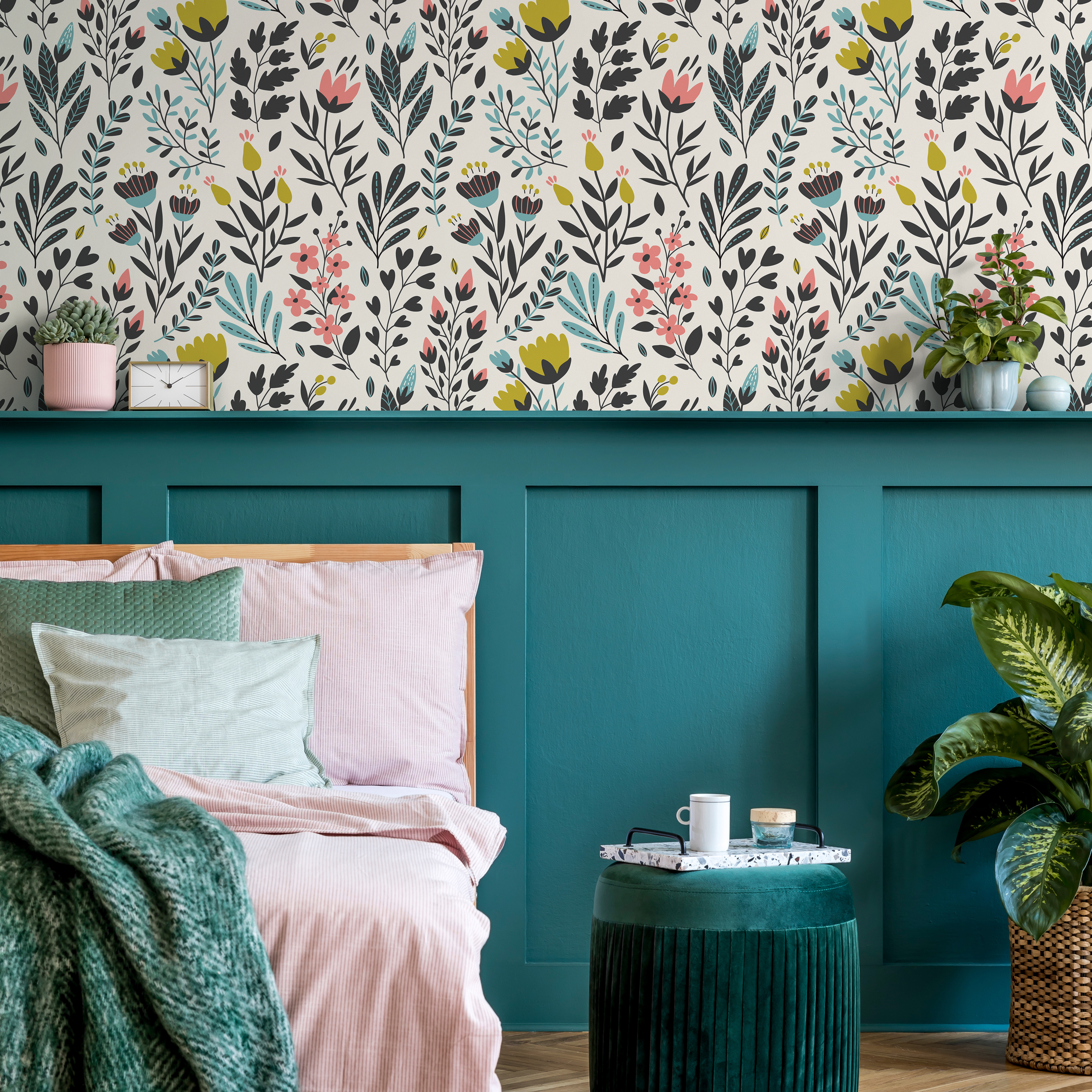 Floral Wallpaper With A Folk Art Meadow In Black, Pink, And Teal - C210