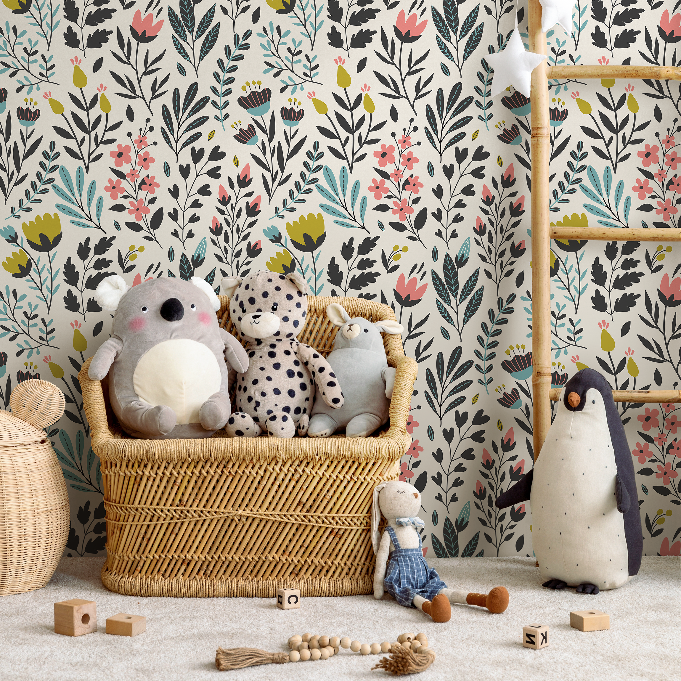 Floral Wallpaper With A Folk Art Meadow In Black, Pink, And Teal - C210