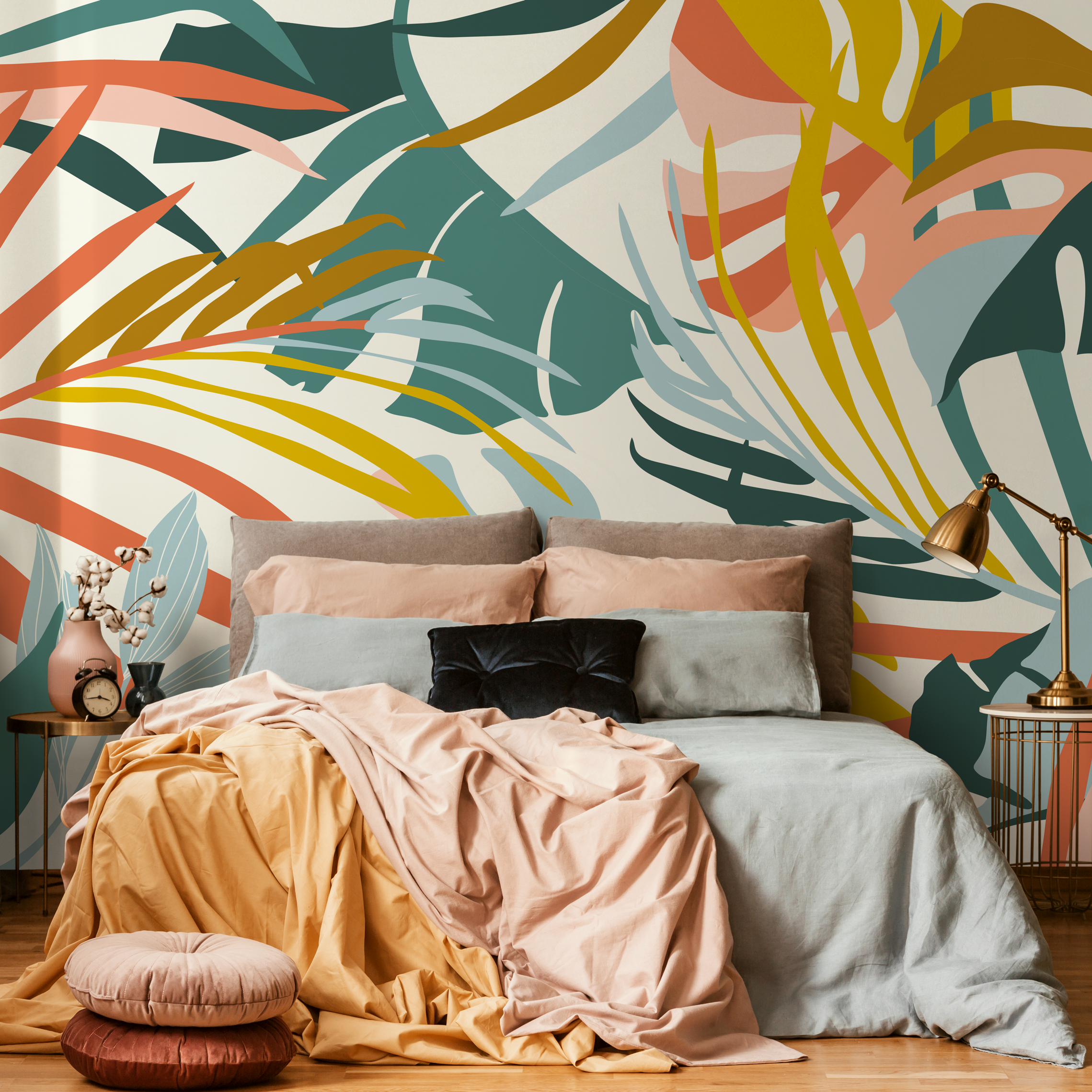 Abstract Botanical Wallpaper With Modern Tropical Leaves In Teal, Pink, And Yellow - C211
