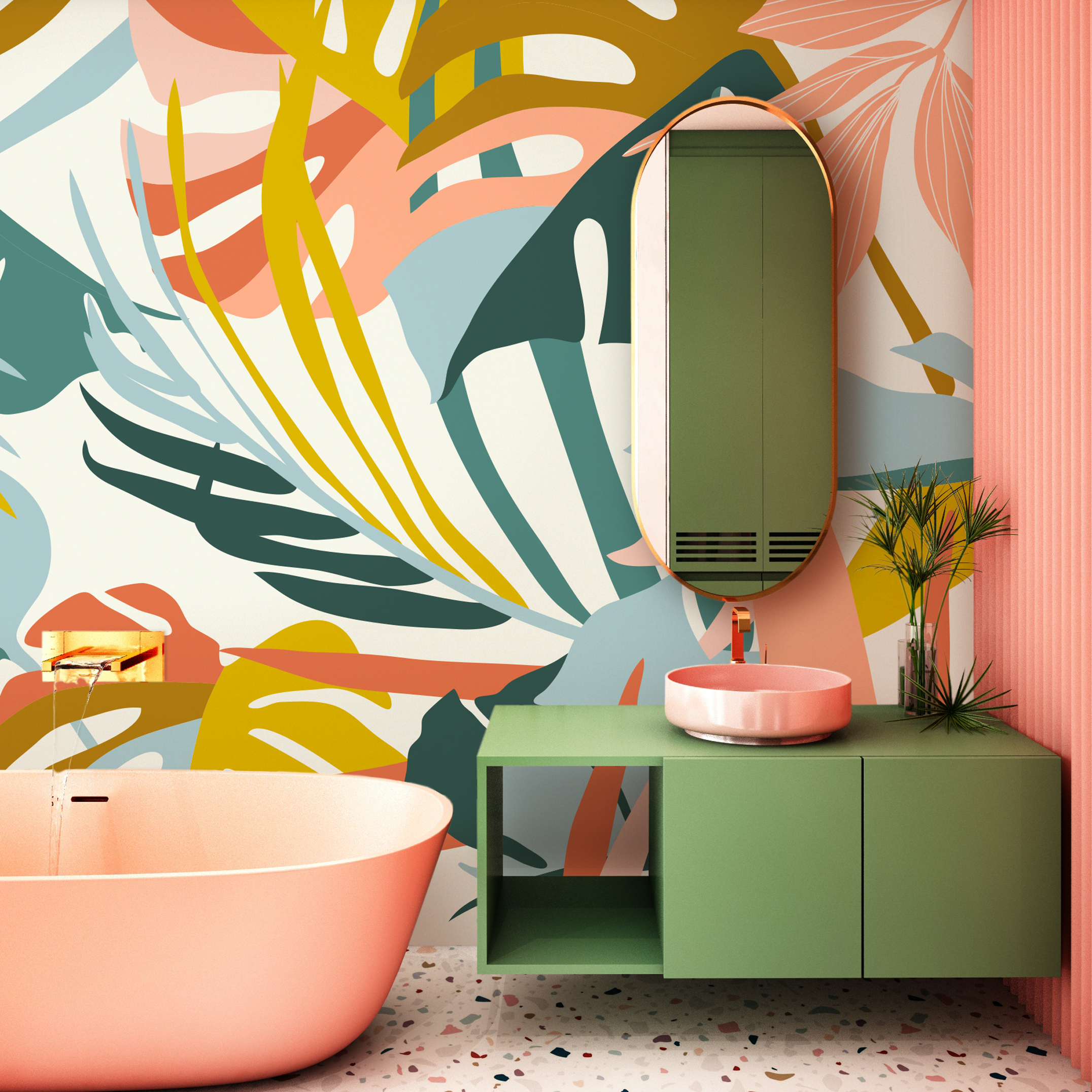 Abstract Botanical Wallpaper With Modern Tropical Leaves In Teal, Pink, And Yellow - C211