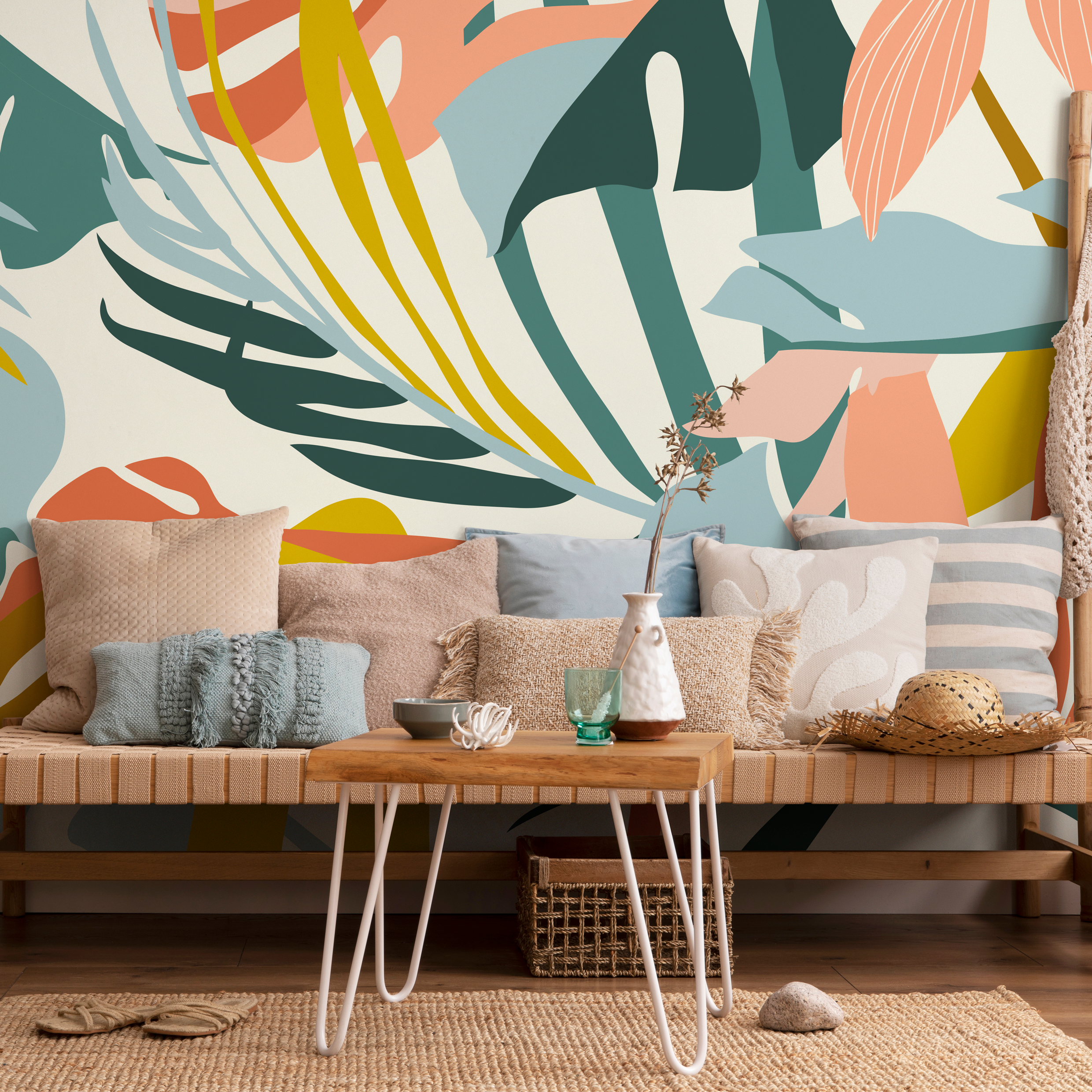 Abstract Botanical Wallpaper With Modern Tropical Leaves In Teal, Pink, And Yellow - C211