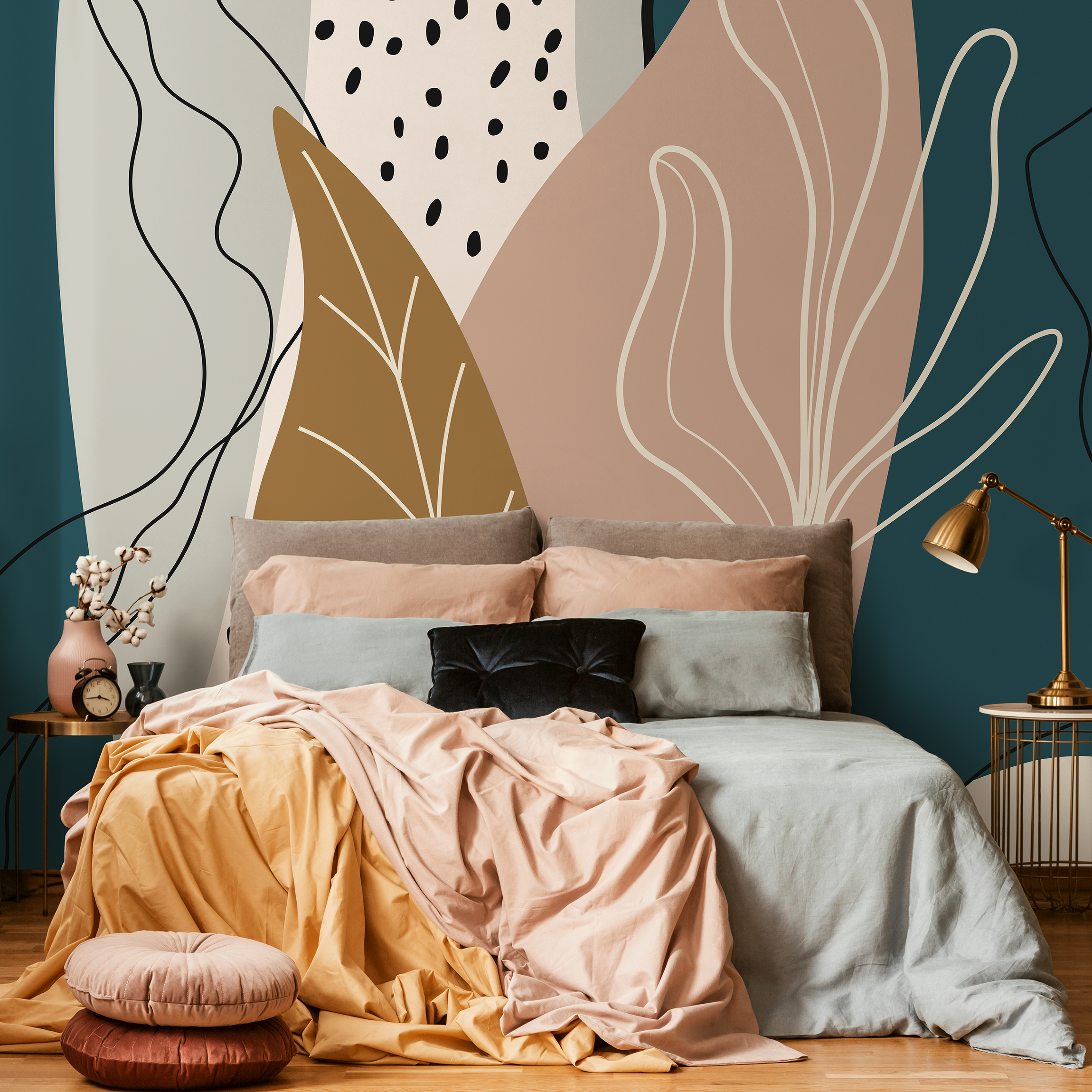 Scandinavian Wallpaper With Abstract Leaves In Teal, Pink, And Brown - C212