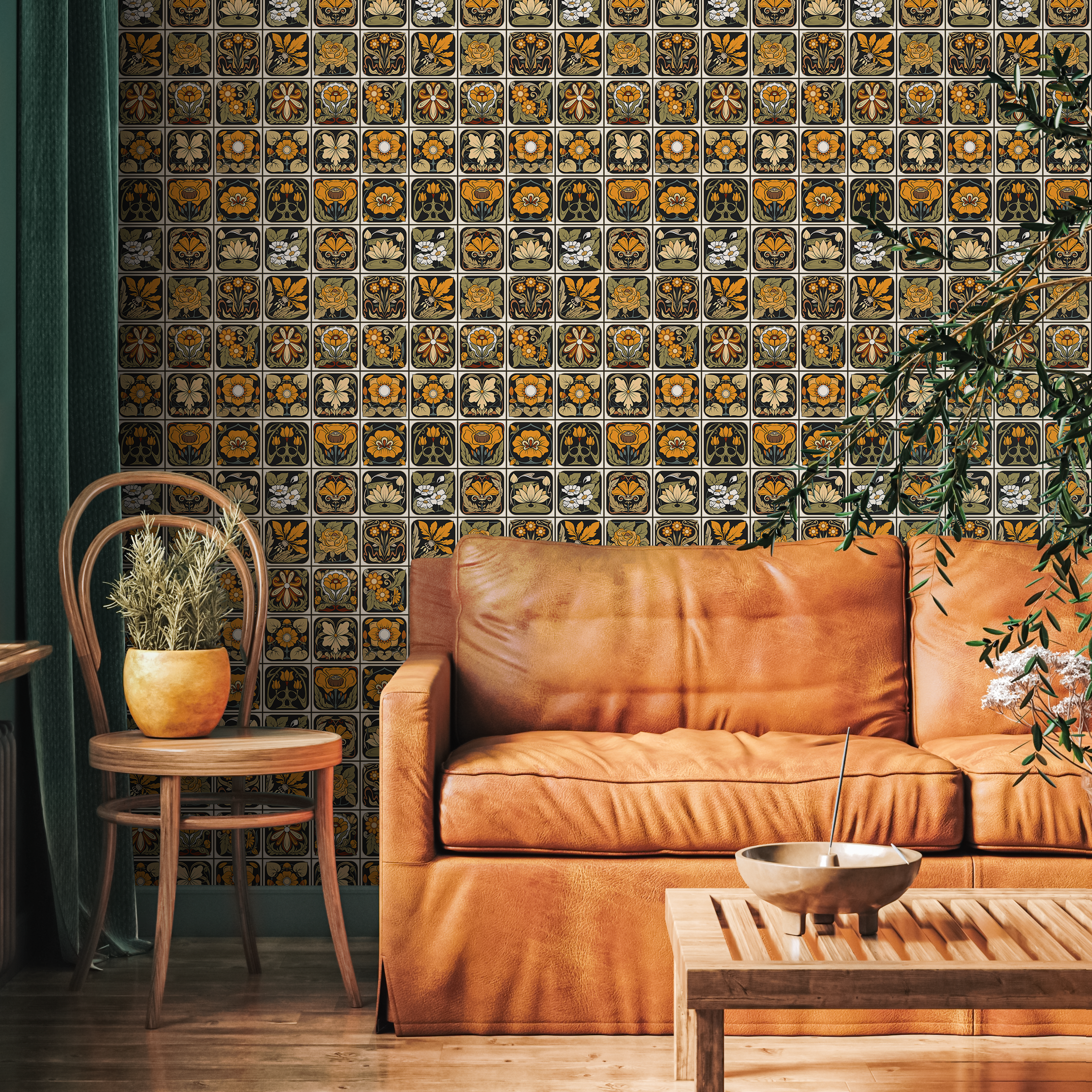 Art Deco Wallpaper With A Floral Tile Motif In Black, Gold, And Green - C215