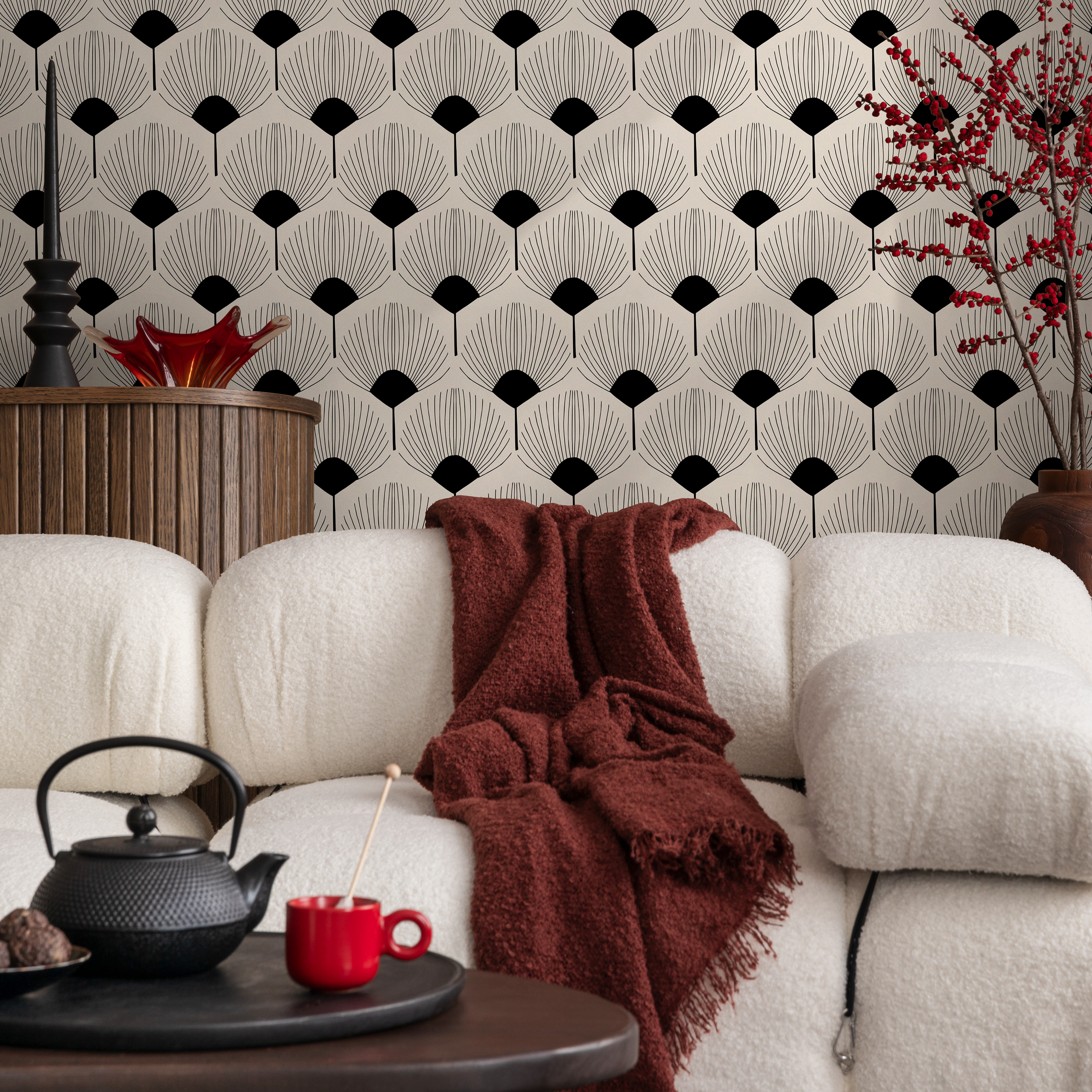 Art Deco Wallpaper With A Stylized Fan Motif In Black And Beige - C216