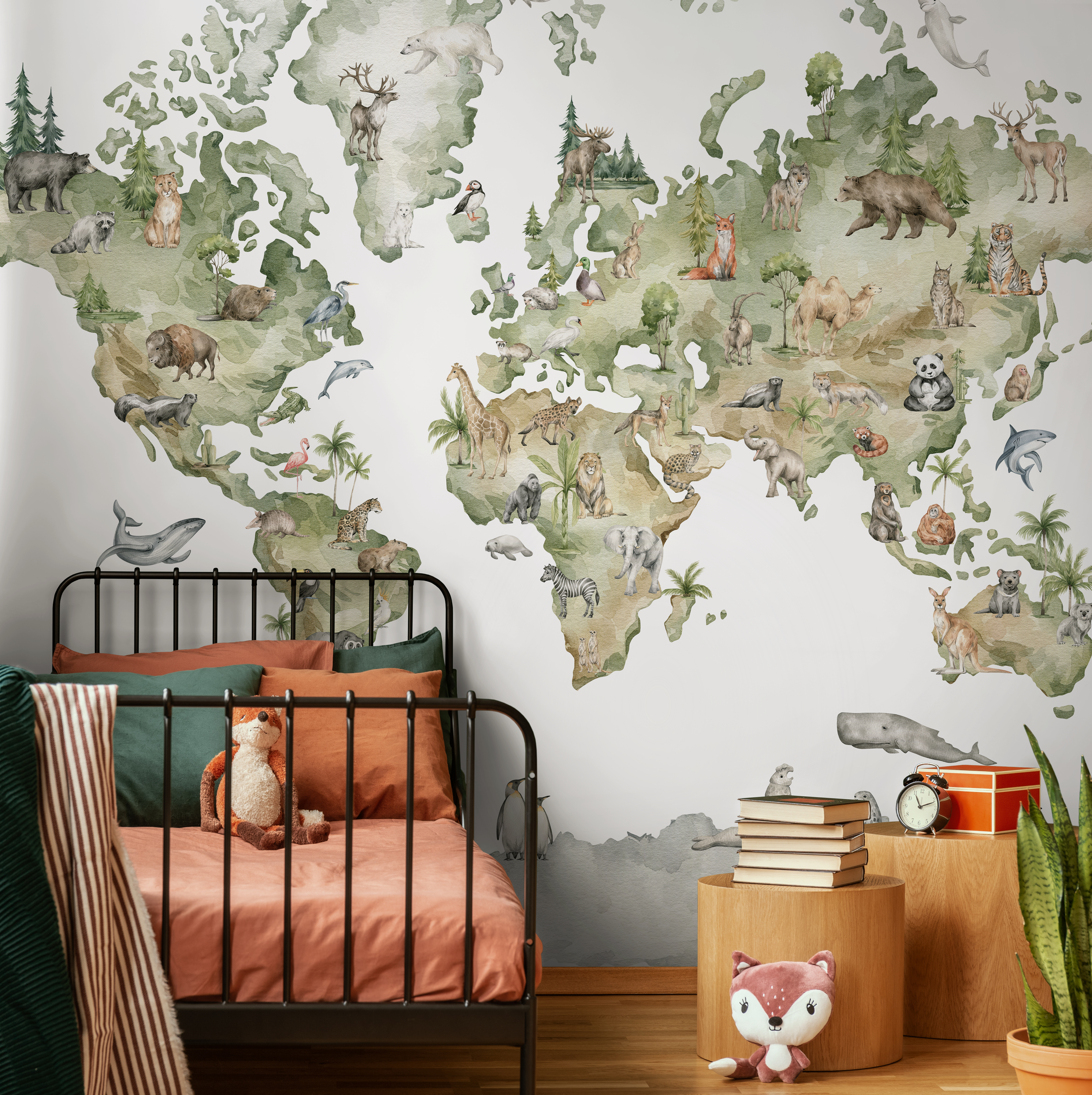 World Map Wallpaper Featuring Animals Of The World In Green And Beige - C220
